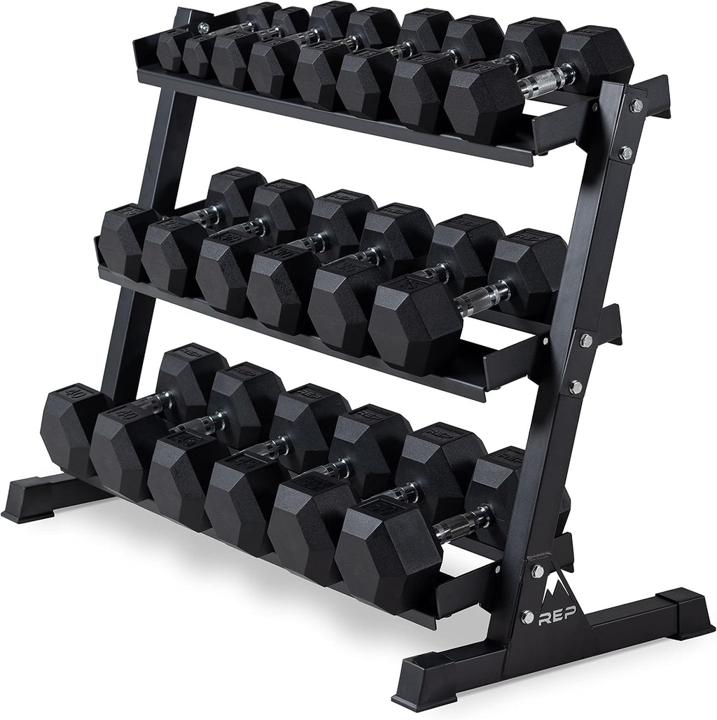 REP FITNESS 5 to 50 Ergo Dumbbell Set with Matte Black 3-tier Dumbbell Rack