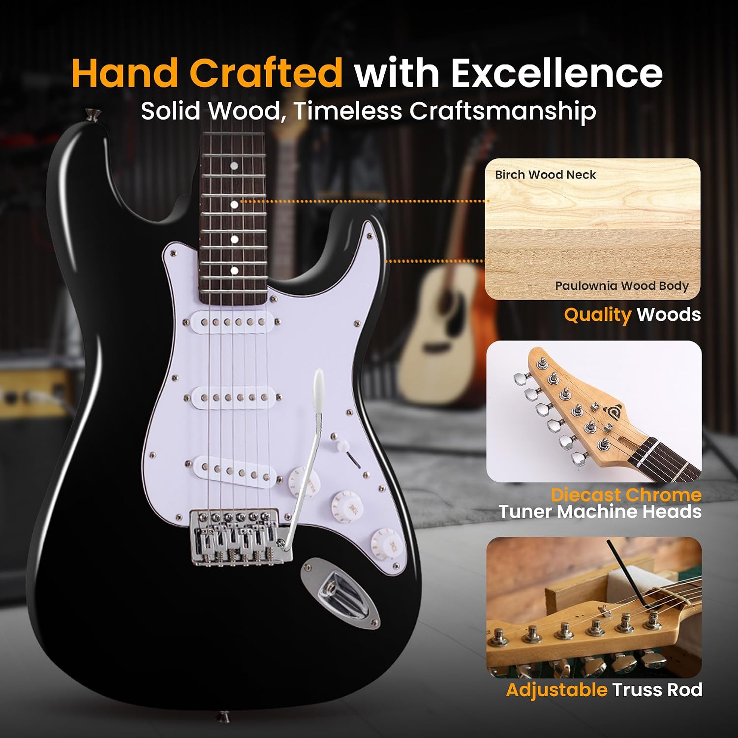 Pyle Electric Guitar and Amp Kit - Full Size 39' Complete Starter Kit with Wearable Bluetooth Amplifier, 1/4' Cable, Carry Case, Strap, Strings, Picks, Cleaning Cloth, ST-Style Pickups (Black)