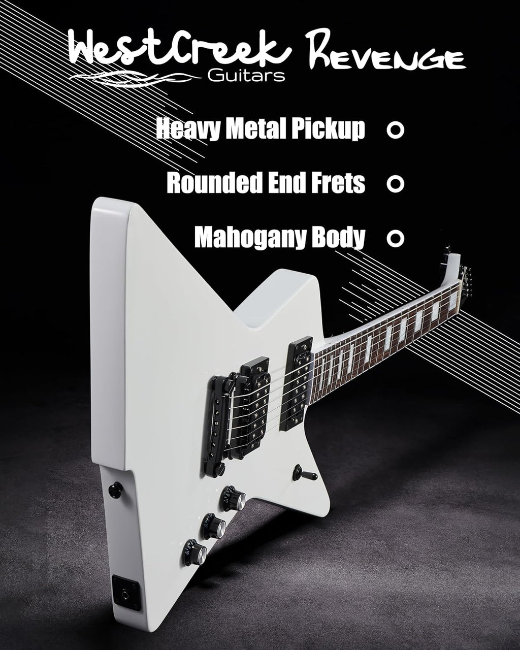 WestCreek Revenge Solid Body Electric Guitar, Heavy Metal Guitar, Right Handed, Heavy Metal Pickups, Rounded End Jumbo Frets, Bone nut, Rosewood Fretboard, Mahogany Body (White)…