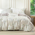 MILDLY Cal King Duvet Cover Set - 100% Long-Staple Cotton Beige Floral Patten Reversible Comforter Cover - 3Pcs Soft Breathable Luxury Bedding for All Season