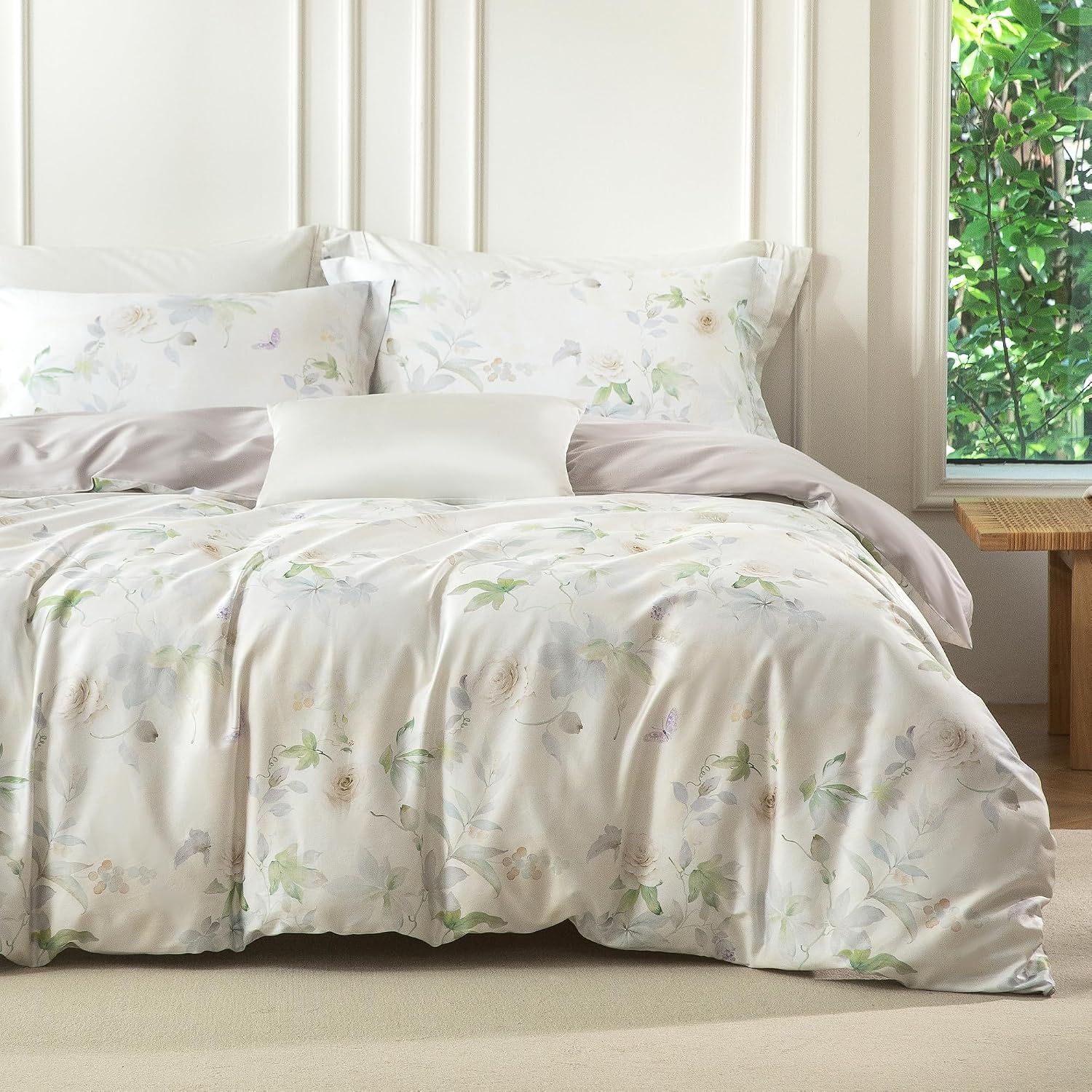 MILDLY Cal King Duvet Cover Set - 100% Long-Staple Cotton Beige Floral Patten Reversible Comforter Cover - 3Pcs Soft Breathable Luxury Bedding for All Season