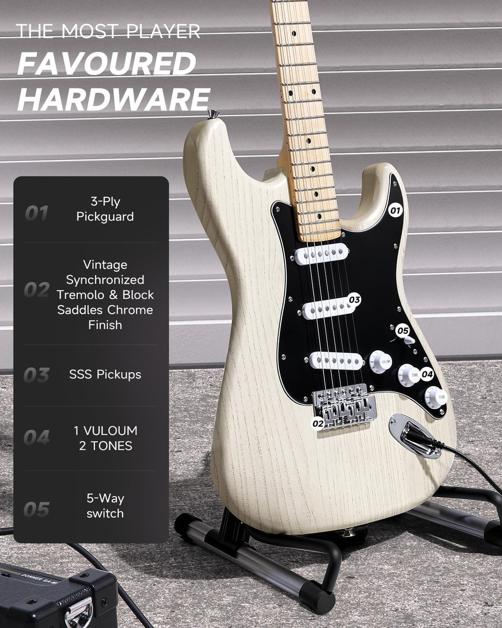 DONNER DST-80 Electric Guitar 39' Beginner Electric Guitar Kit with Amp, Classic SSS Pickup Complete with Gig Bag, Tuner, Capo, Strap, Picks, and Free Online Lessons, Bone White
