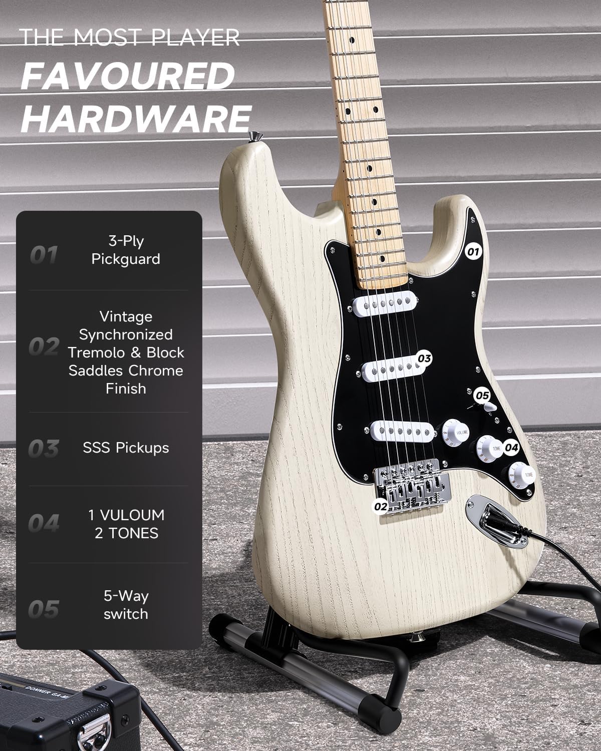 DONNER DST-80 Electric Guitar 39' Beginner Electric Guitar Kit with Amp, Classic SSS Pickup Complete with Gig Bag, Tuner, Capo, Strap, Picks, and Free Online Lessons, Bone White