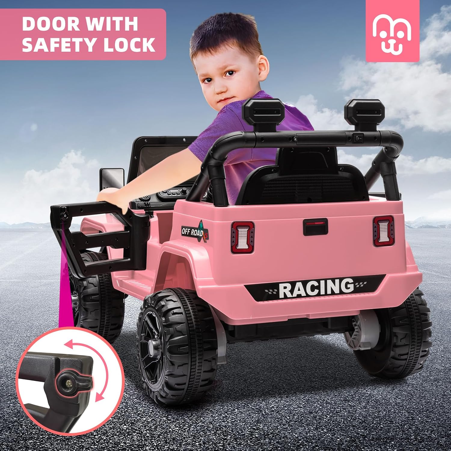 MINIATURE MOTORS 12V Kids Electric Ride on Truck Car Remote Control, Twin 35W Motors 3.5MPH Max Speed, Bluetooth Music Player, 4 Wheels Suspension LED Lights Safety Belt Gift for Boys Girls-Light Pink