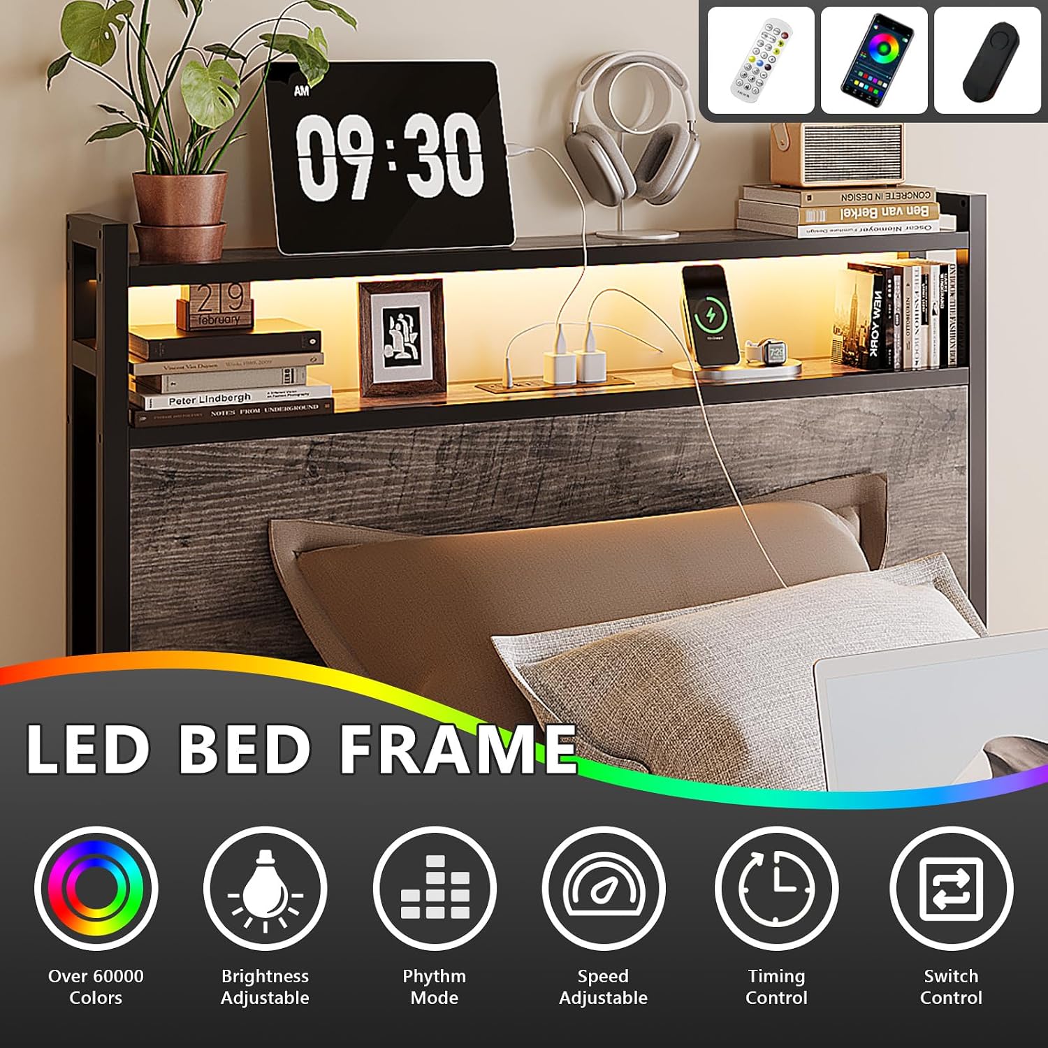 VINGLI Bed Frame Twin Size with 4 Storage Drawers and Headboard, Metal Platform Bed with Charging Station and RGB LED Lights, No Box Spring Needed, Noise Free, Easy Assembly, Wash Grey