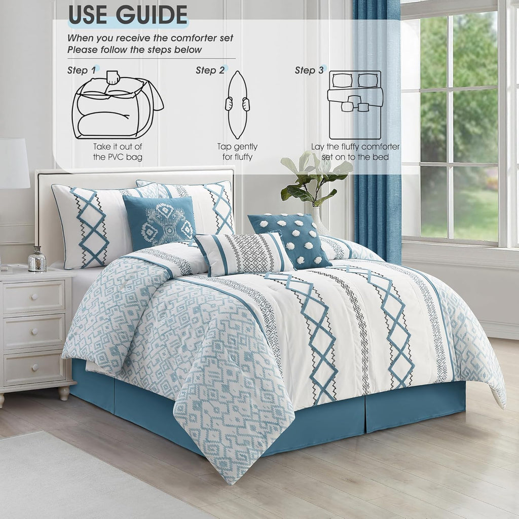 LANCO MODERN LIFESTYLE Blue California King Comforter Set, 7 Pieces All Season Bedding Sets in a Bag with Geometric Terry Embroidered Comforter, Bed Skirt, Pillow Shams and Decorative Pillows