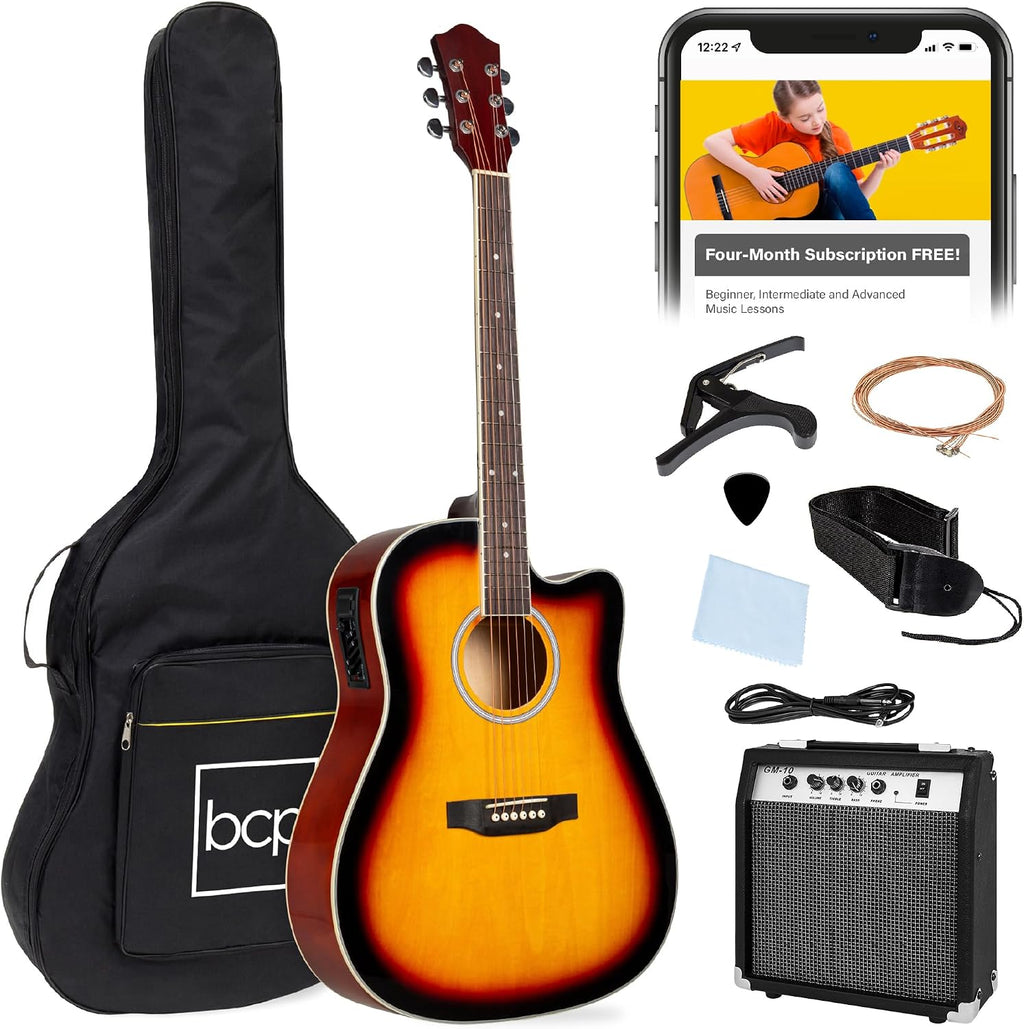 Best Choice Products Beginner Acoustic Electric Guitar Starter Set w/ 41in, All Wood Cutaway Design, Gig Bag, Strap, Picks - Sunburst