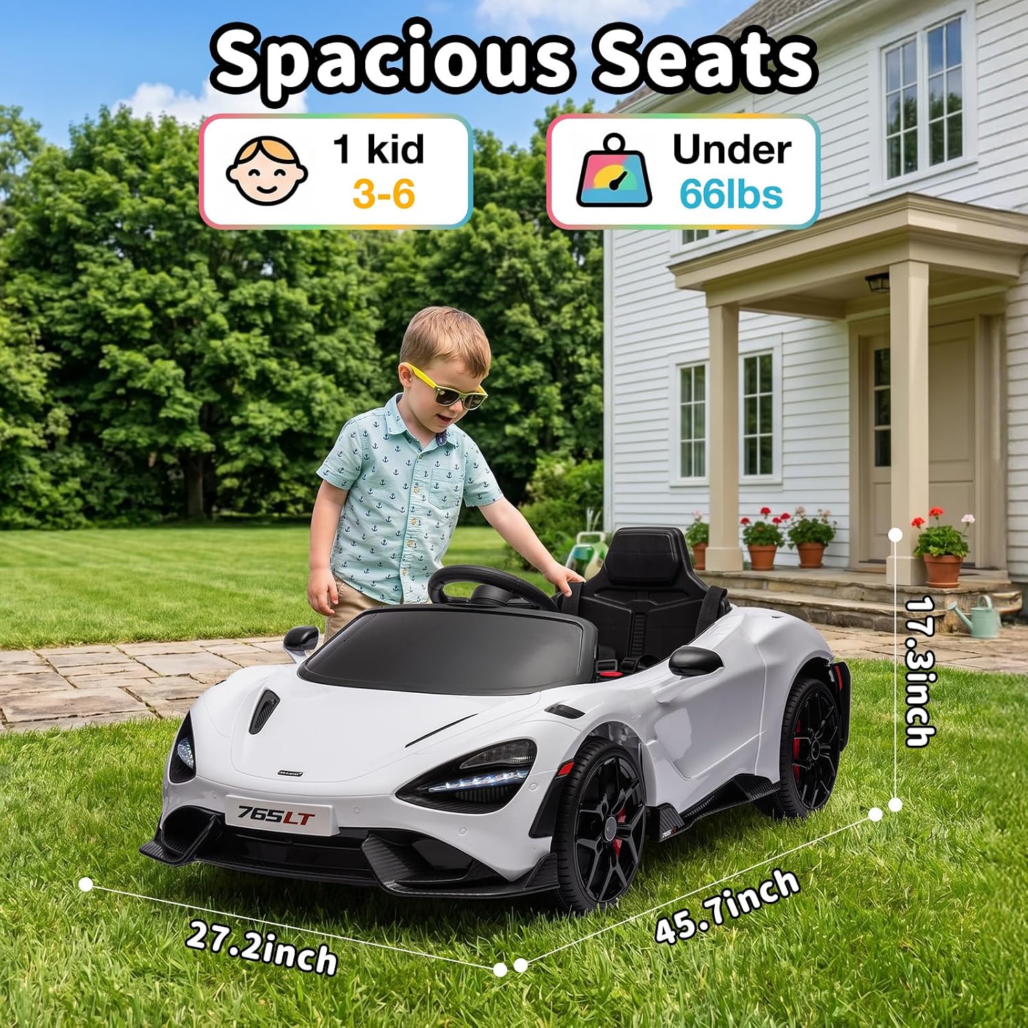 Kids Ride-on Car Licensed McLaren765LT for 3-6Years Old, Electric car 12V Battery Powered Electric Vehicle, w/Parent Remote, Music Player, LED Lights, Smooth Start, 3 Speeds, (White)