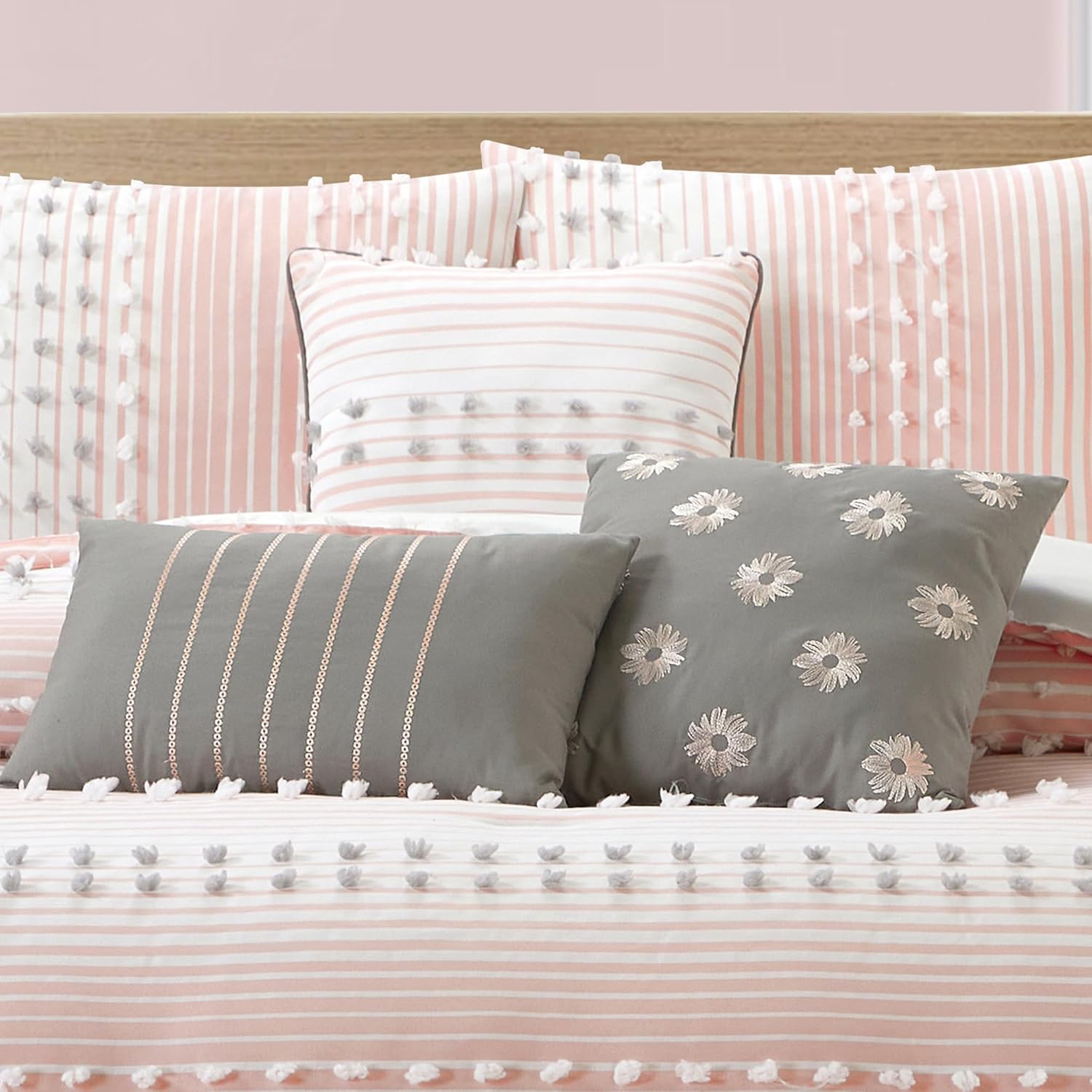 LANCO MODERN LIFESTYLE California King Comforter Set, Pink, Jaquard Clip Striped Design, Elegant Soft 7 Pieces Bedding Set for All Seasons, Matching Bedskirt, Pillow Shams and Decor Pillows