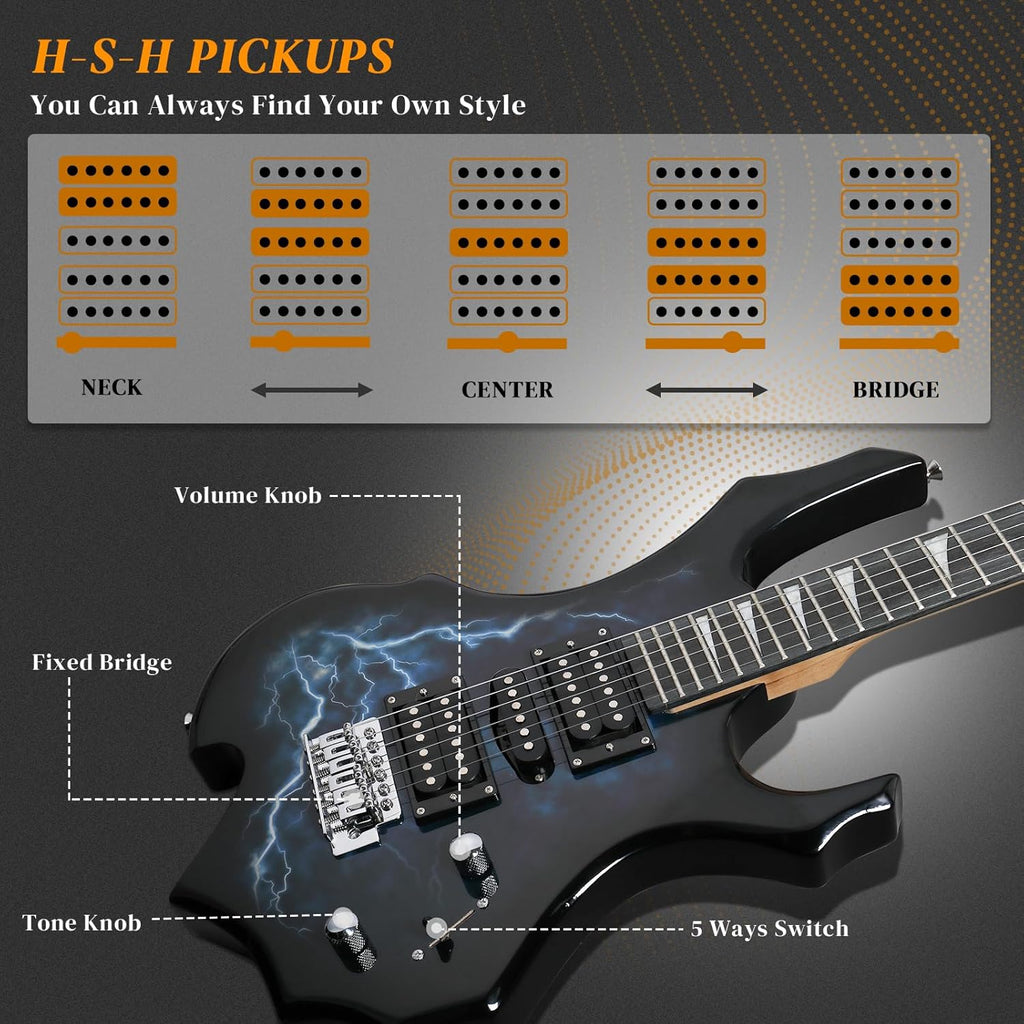 Ktaxon Burning Fire Design Electric Guitar Kit, 39-inch HSH Pickup Electric Guitar Beginner Guitar Set with Amplifier, Rosewood Fingerboard, 5-Ways Pickup Switch (Lightning Black)