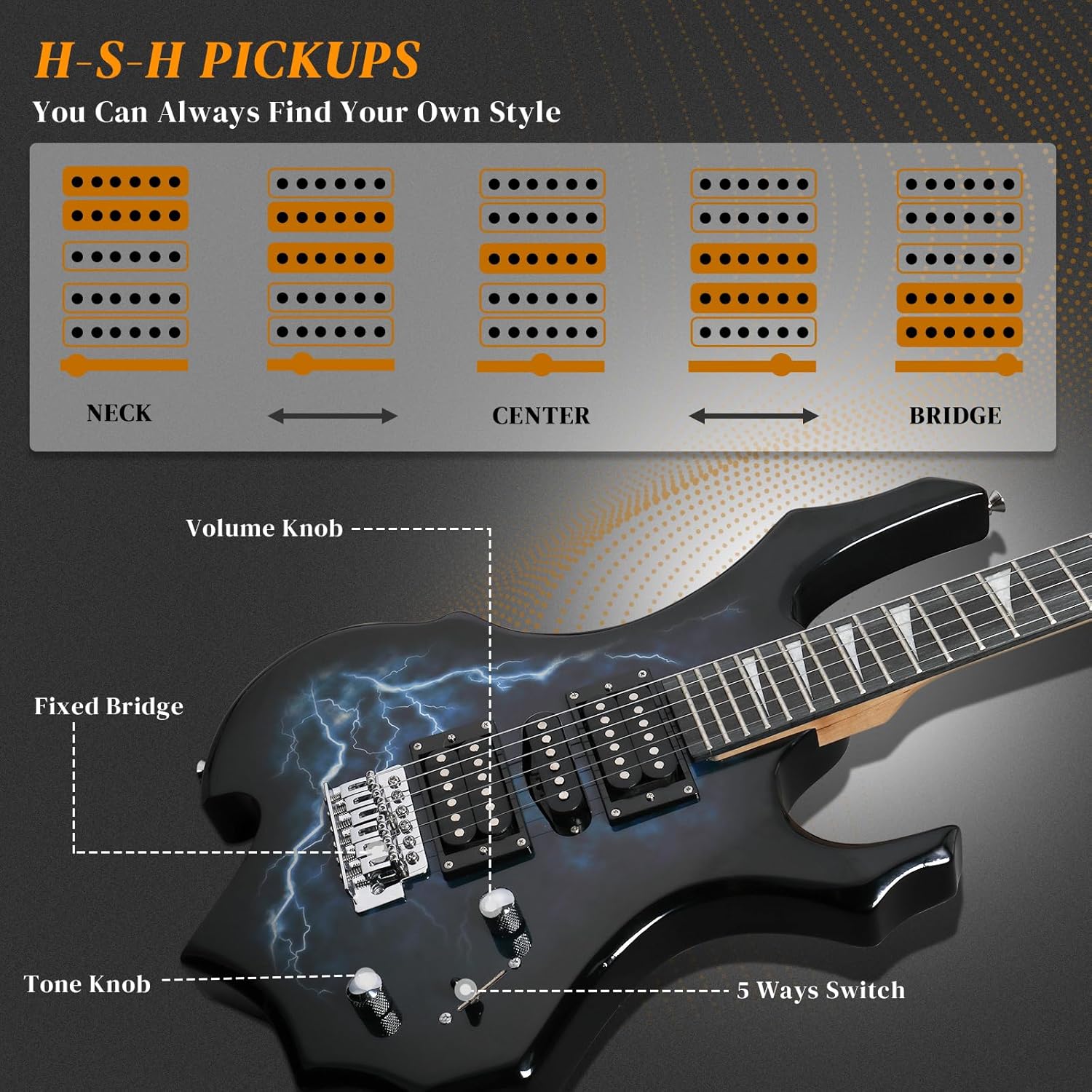 Ktaxon Burning Fire Design Electric Guitar Kit, 39-inch HSH Pickup Electric Guitar Beginner Guitar Set with Amplifier, Rosewood Fingerboard, 5-Ways Pickup Switch (Lightning Black)