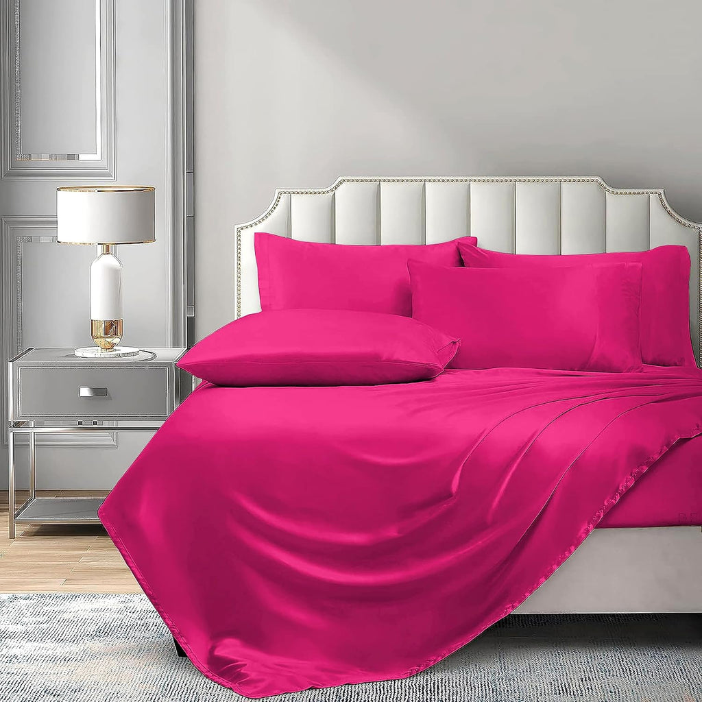 6 Piece Mulberry Silk Sheet Set Queen Size (60x80)+ Upto 16 Inch Deep Pocket Hot Pink Color Smooth Soft and Silk Bed Sheets Queen Size Bedding Set