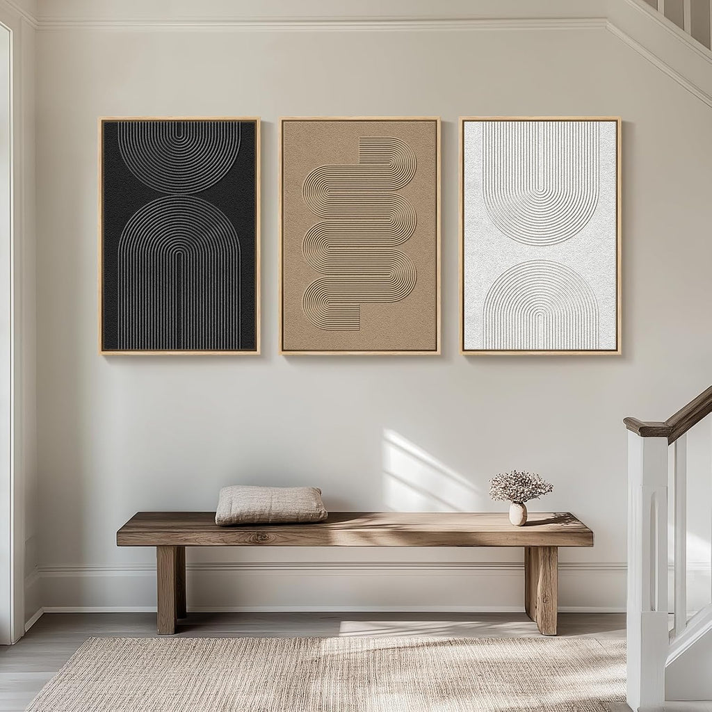 Large Framed Boho Modern Neutral Abstract Wall Art for Living Room, 3 Piece Black and White Canvas Prints Paintings Artwork for Walls, Geometric Pictures for Office Bedroom Dining Room Decor, 24x36 In
