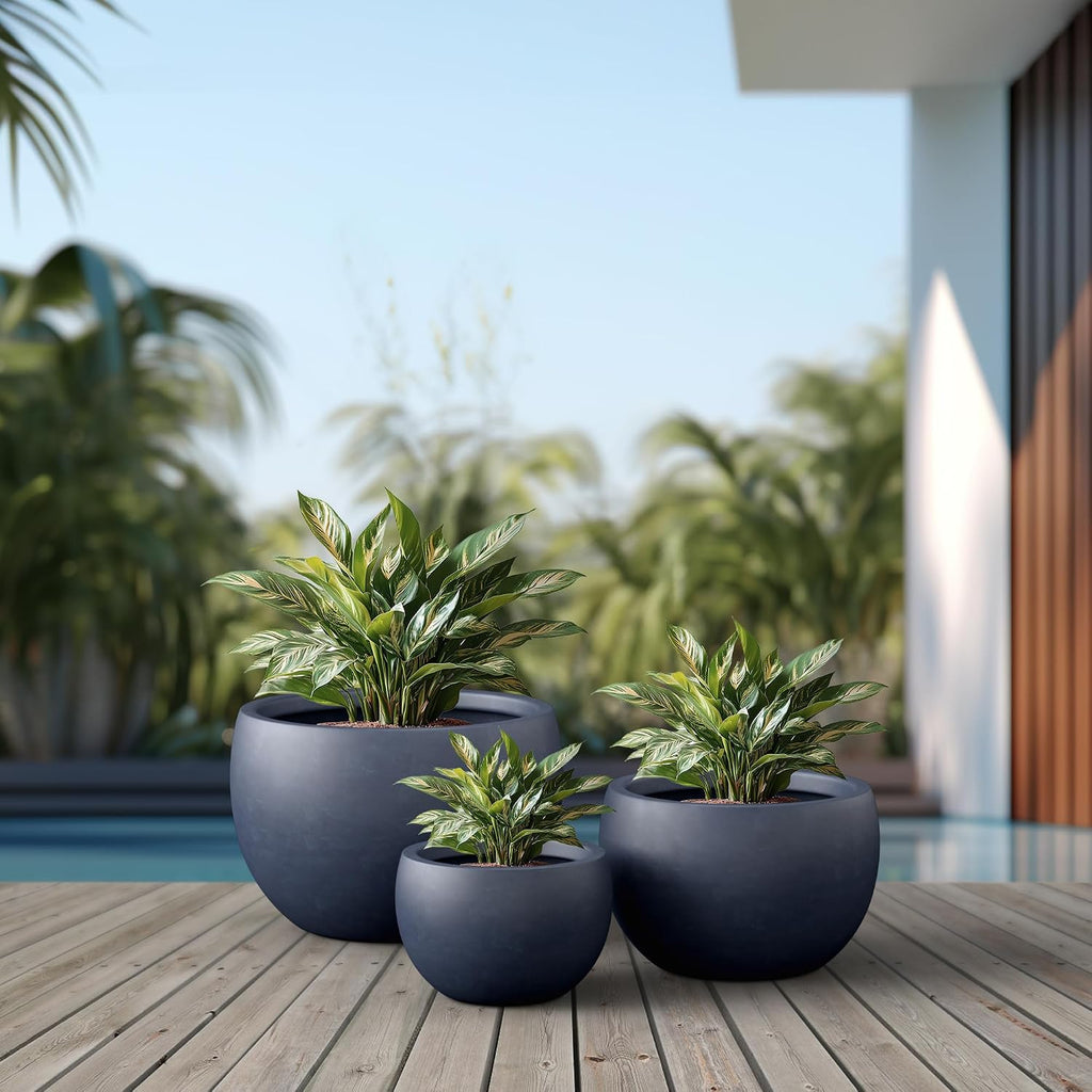 Kante 19.9',15.7',11.8' Dia Round Concrete Planter Set of 3, Outdoor/Indoor Large Bowl Plant Pots with Drainage Hole and Rubber Plug for Garden Patio Balcony Home, Dark Gray