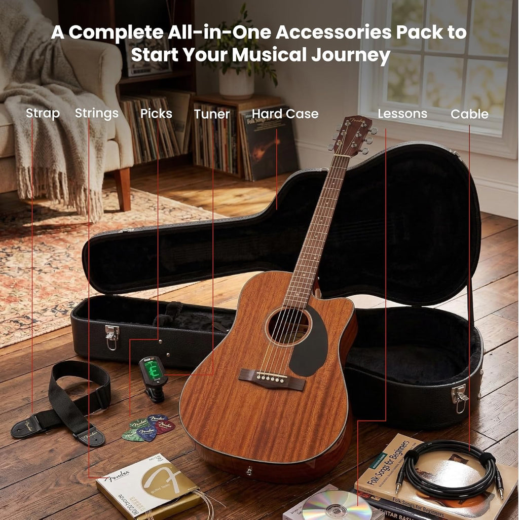 Fender CD-60SCE Solid Top Dreadnought Acoustic-Electric Guitar - All Mahogany Bundle with Hard Case, Instrument Cable, Strap, Tuner, Picks, Strings, and Austin Bazaar Instructional DVD