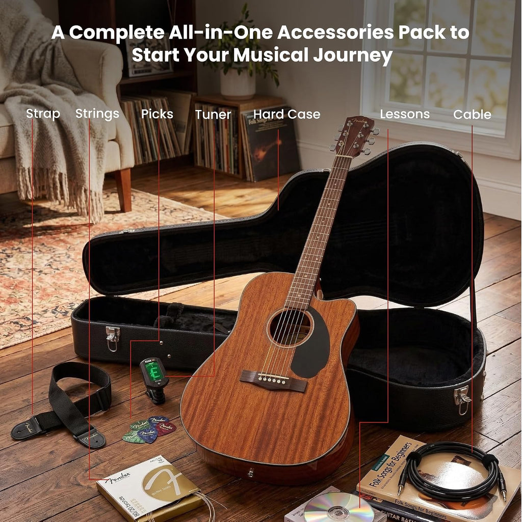 Fender CD-60SCE Solid Top Dreadnought Acoustic-Electric Guitar - All Mahogany Bundle with Hard Case, Instrument Cable, Tuner, Strap, Strings, Picks, and Austin Bazaar Instructional DVD