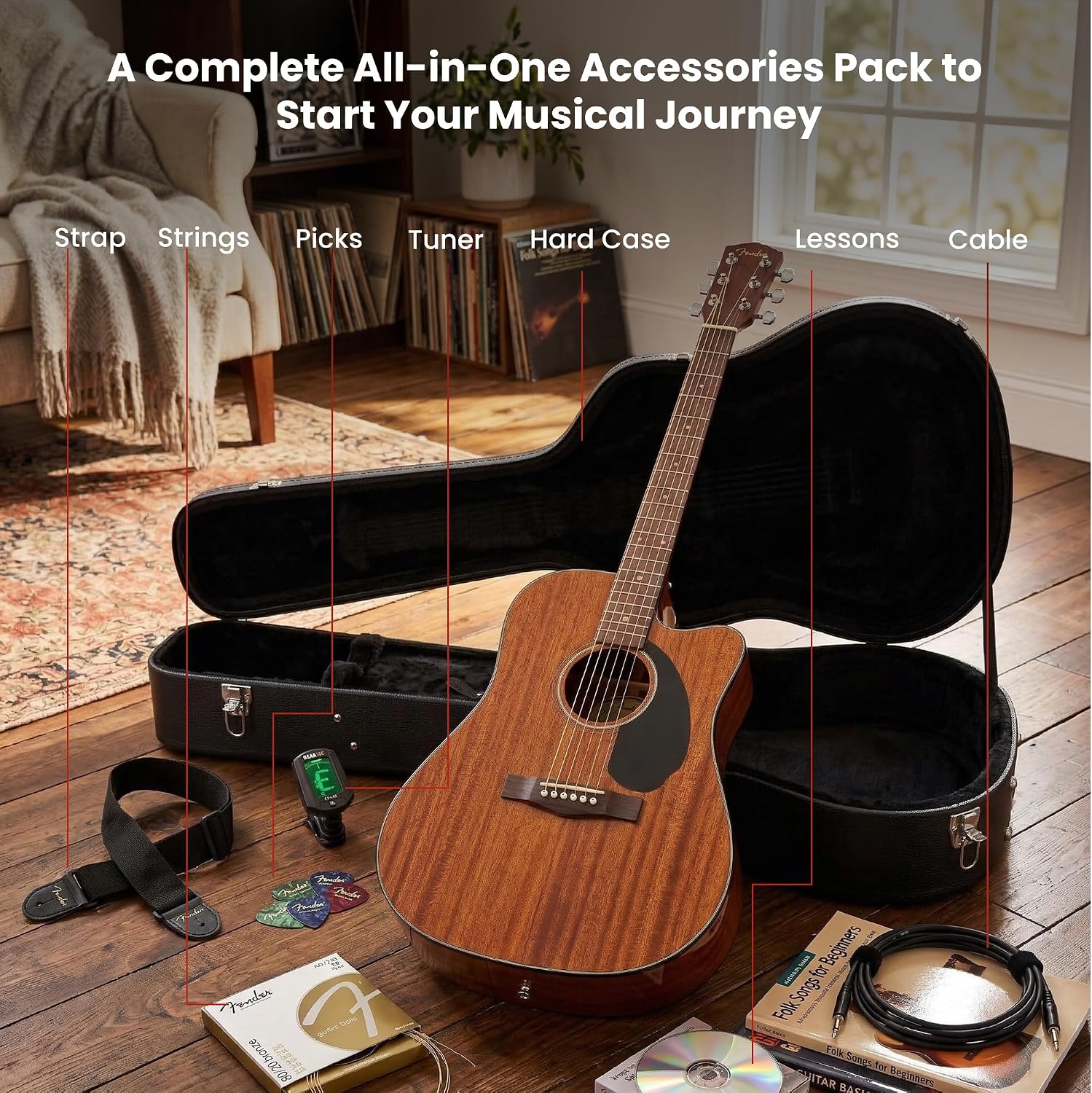 Fender CD-60SCE Solid Top Dreadnought Acoustic-Electric Guitar - All Mahogany Bundle with Hard Case, Instrument Cable, Tuner, Strap, Strings, Picks, and Austin Bazaar Instructional DVD
