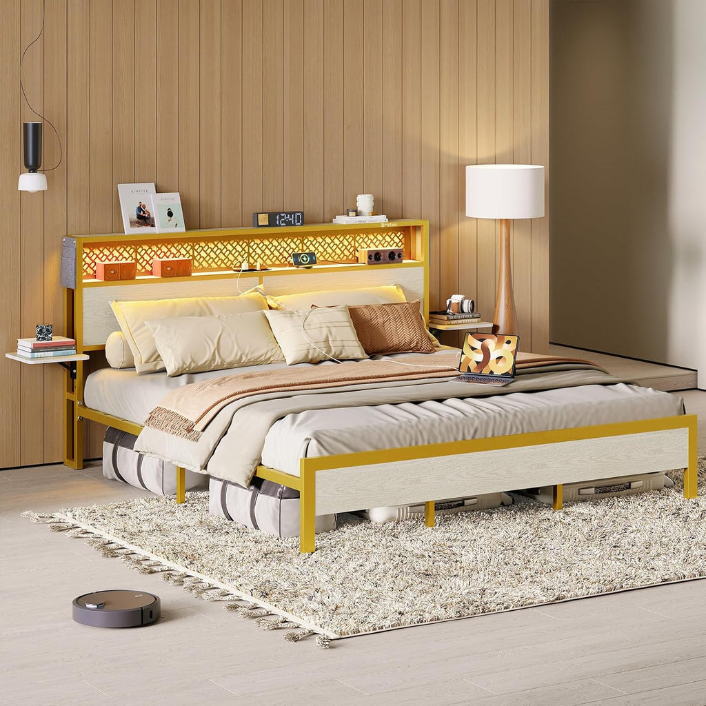 Bestier King Size Bed Frame with Headboard and Foldable Bedside Shelves Storage, LED Platform Bed Frame with Charging Station, Non Slip Metal Bed Frame, Noise Free, Easy Assembly, White Oak