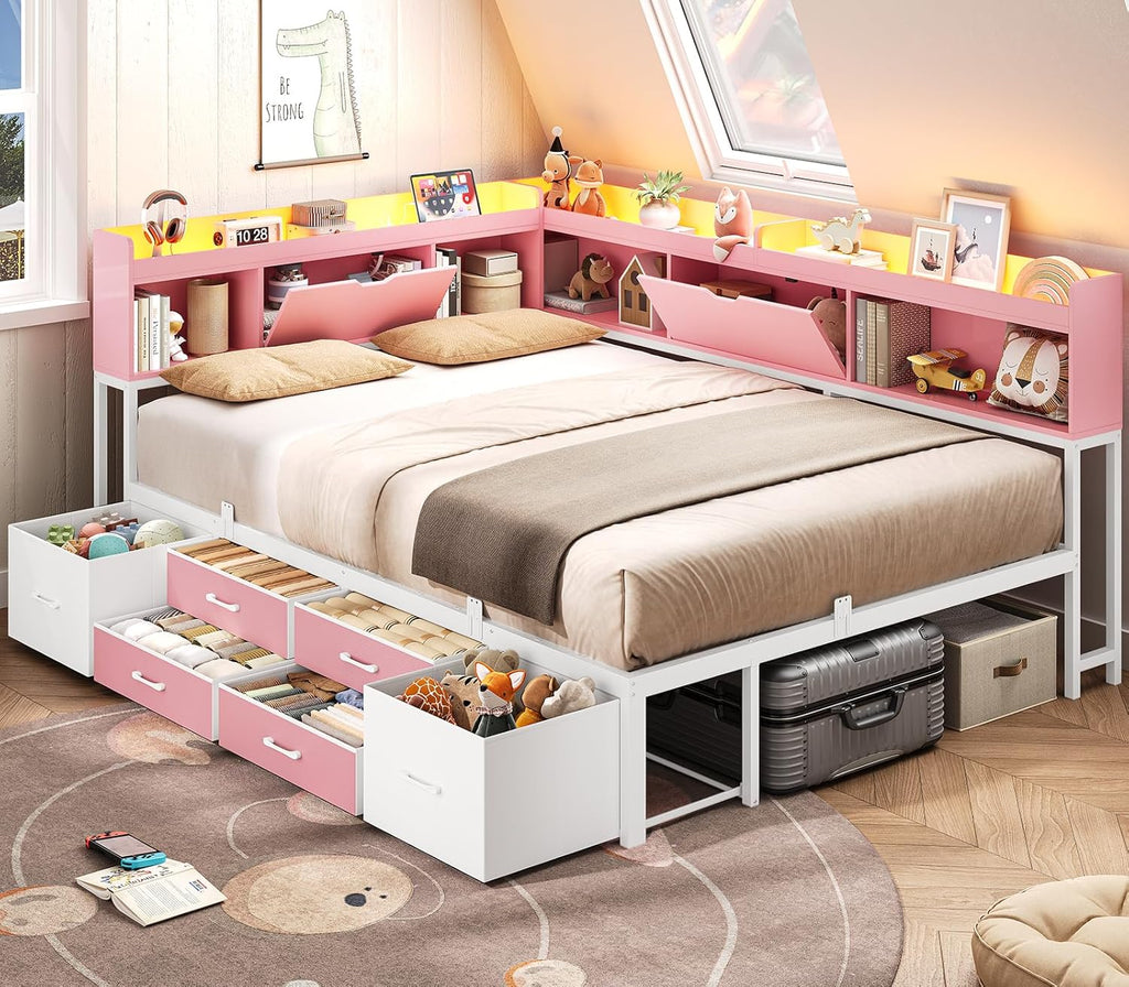 AOGLLATI Full Size Corner Bed Frame with 6 Storage Drawers and Bookcase Hidden Headboard, Full Bed Frame Metal Platform Daybed with Charging Station and LED Lights for Kids Teens, Pink