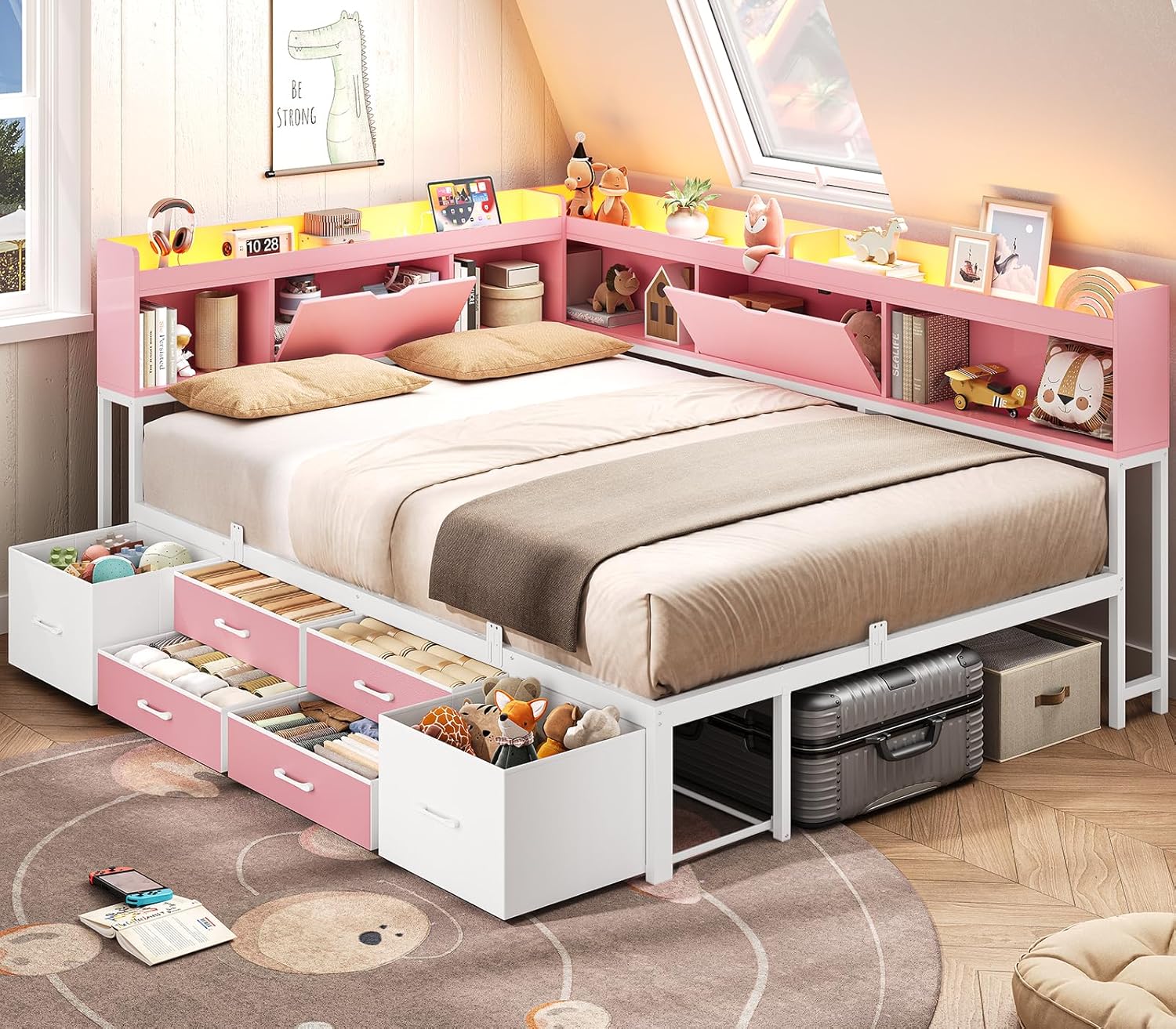 AOGLLATI Full Size Corner Bed Frame with 6 Storage Drawers and Bookcase Hidden Headboard, Full Bed Frame Metal Platform Daybed with Charging Station and LED Lights for Kids Teens, Pink