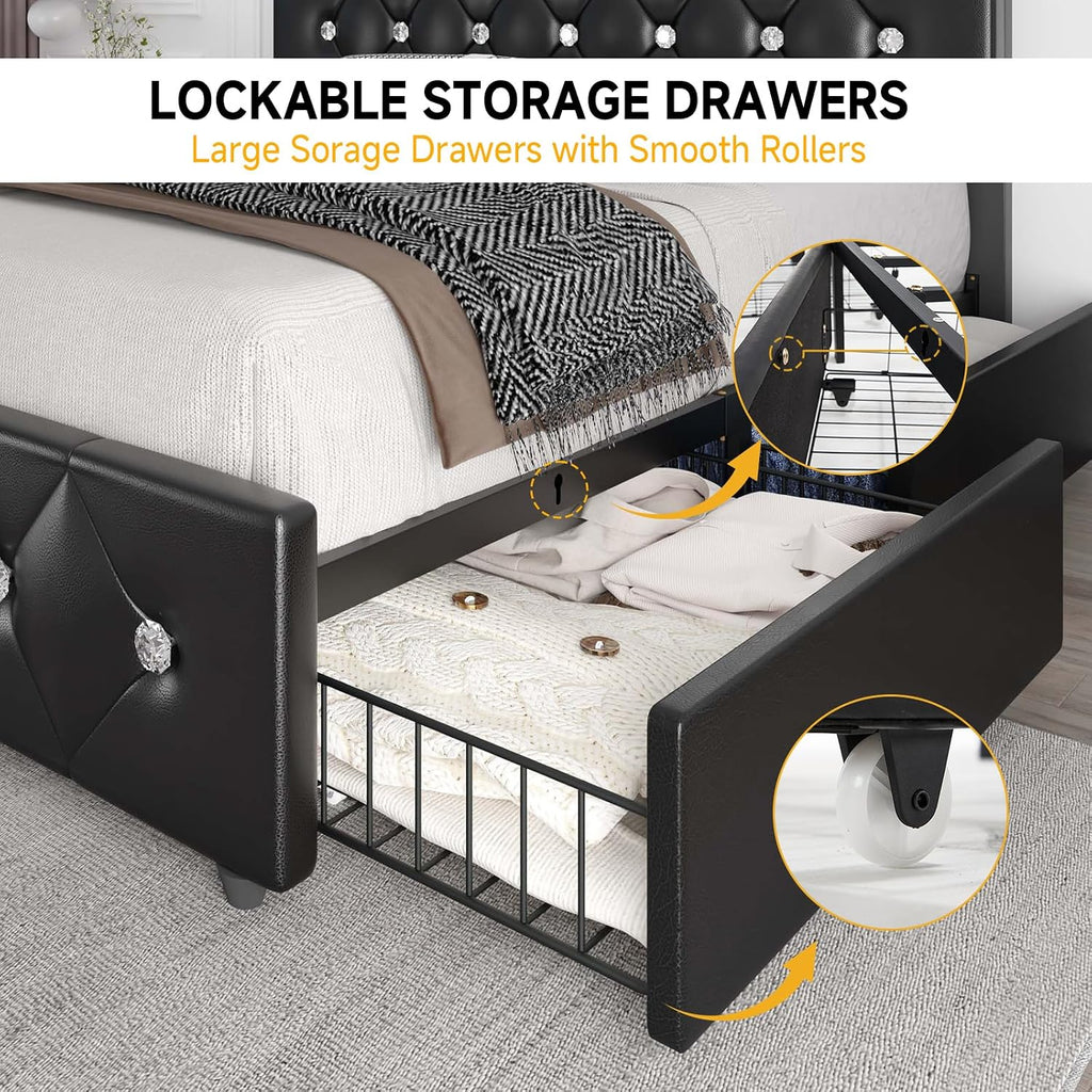 Queen Size Bed Frame, Storage Bed with 4 Drawers and Adjustable Headboard, Upholstered Platform Bed with Handy Charging Station and LED Light, Noise Free, Easy Assembly, No Box Spring Needed, Black