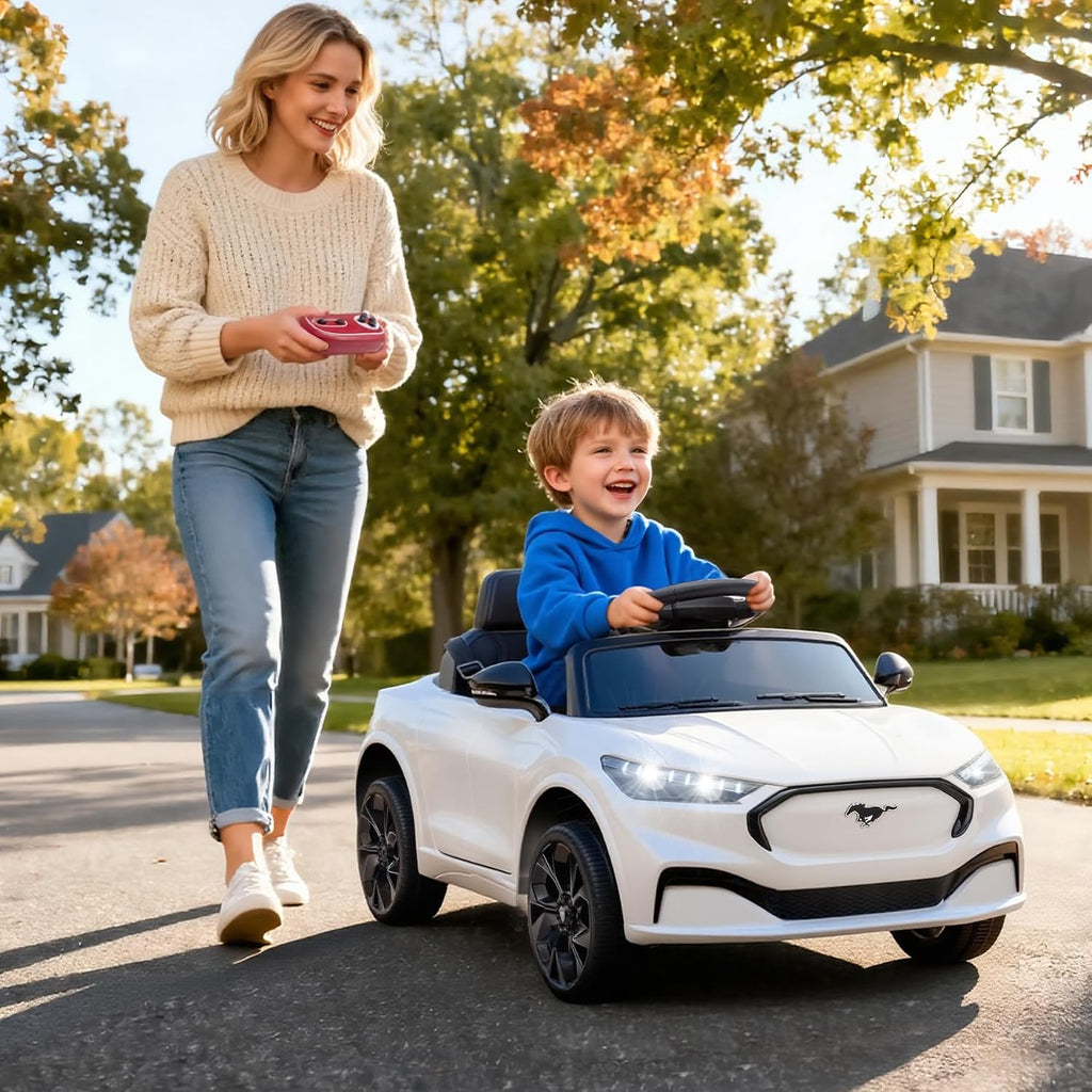 Bobike Electric Ride On Car for Kids, 12V Electric Toddler Car with Remote Control, Ride on Toys for Kids with LED Lights, Music Player, Lockable Doors (White)