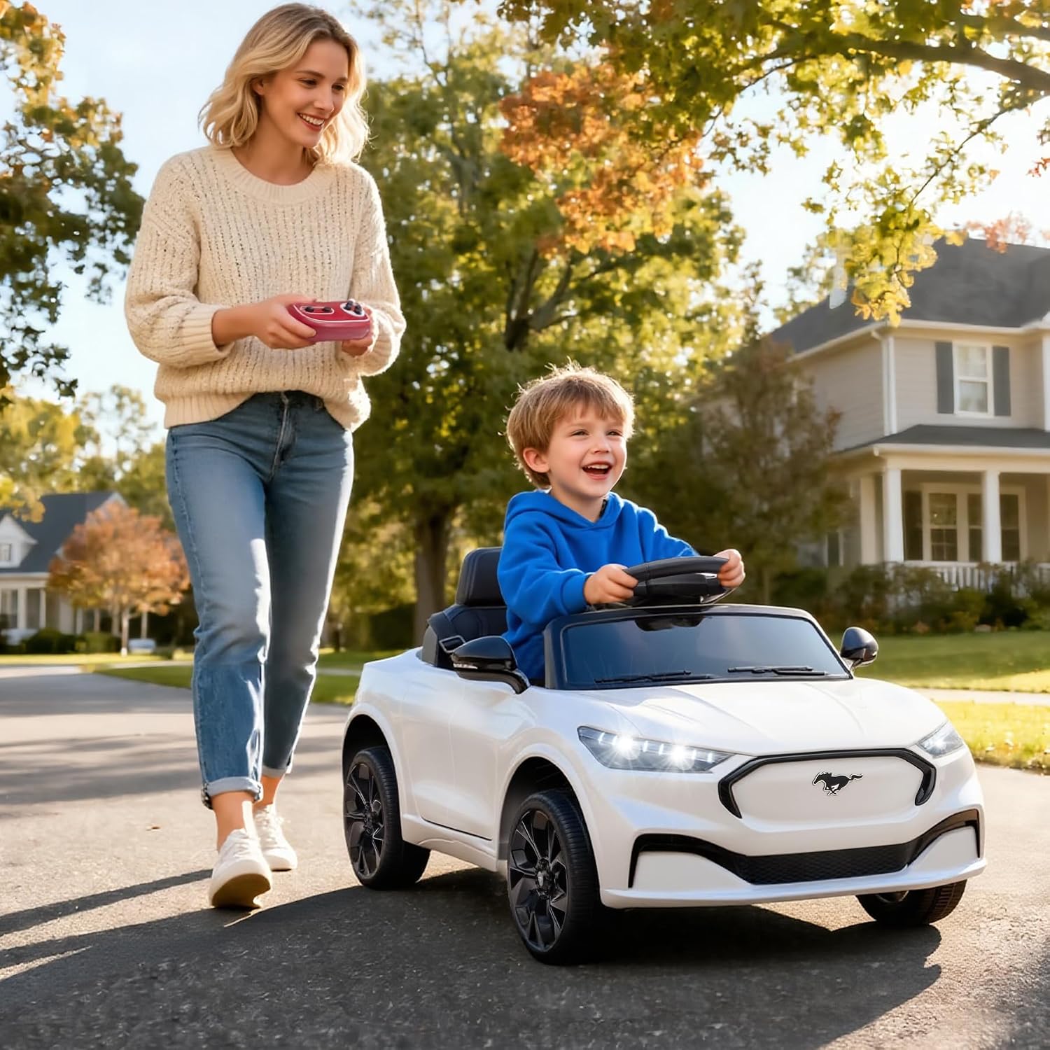 Bobike Electric Ride On Car for Kids, 12V Electric Toddler Car with Remote Control, Ride on Toys for Kids with LED Lights, Music Player, Lockable Doors (White)