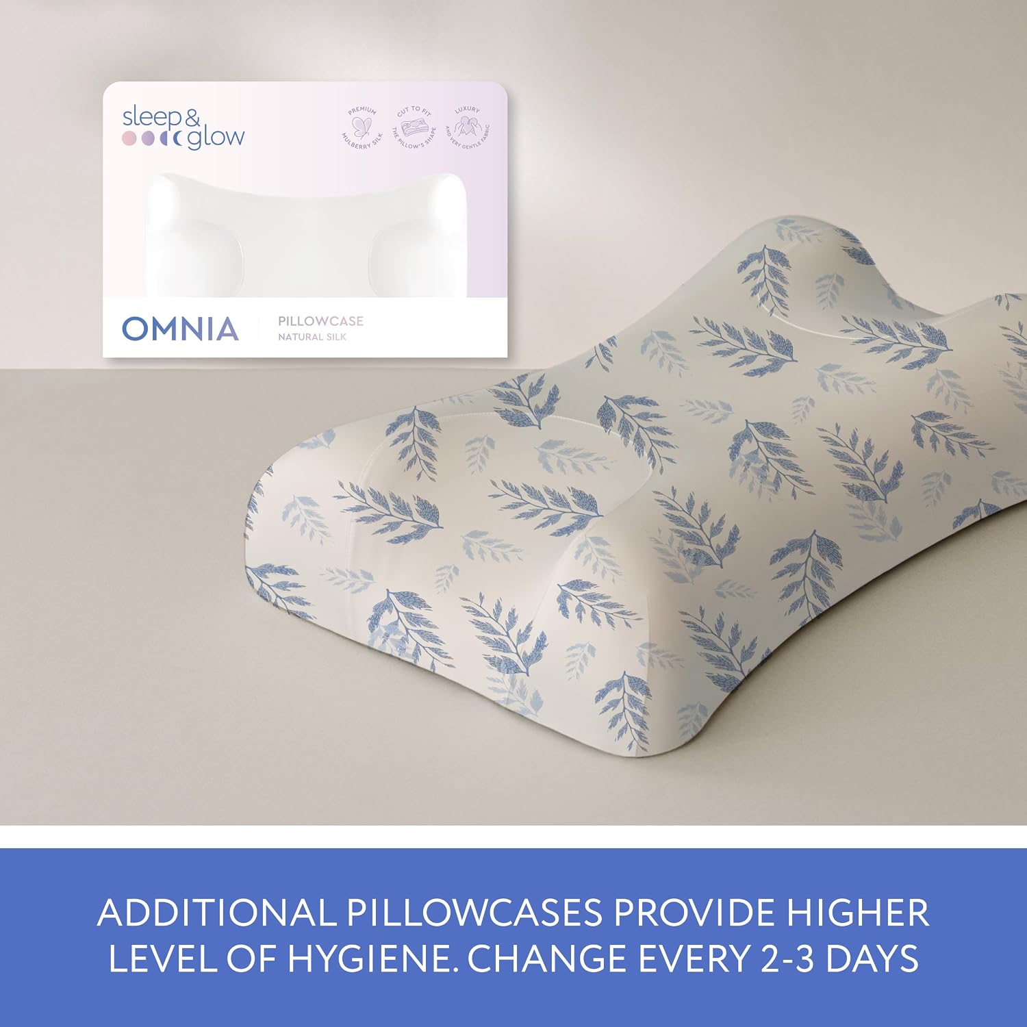 Sleep & Glow Omnia Natural Silk Pillowcase for Hair and Skin Fits Unique Shape of Sleep&Glow Omnia Pillow – 19mm Grade 6A Mulberry Silk (Moon Fern)