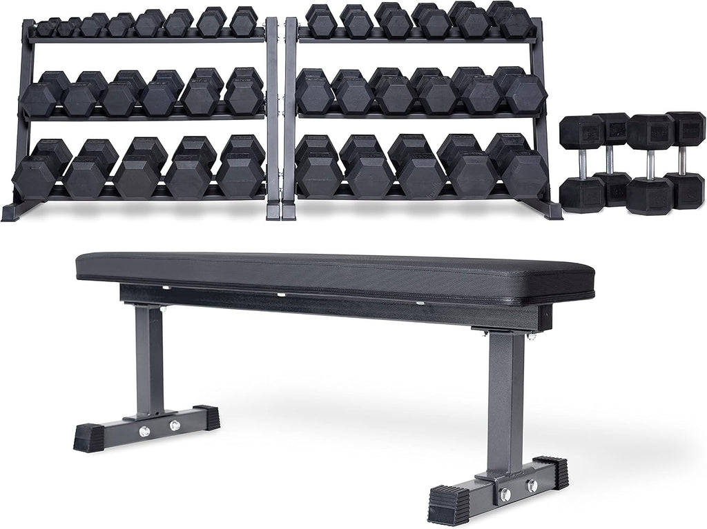 REP FITNESS Dumbbell Set with Bench – 5-50, 5-75 or 5-100 Rubber Hex Dumbbell Set with Either Flat or Adjustable Bench