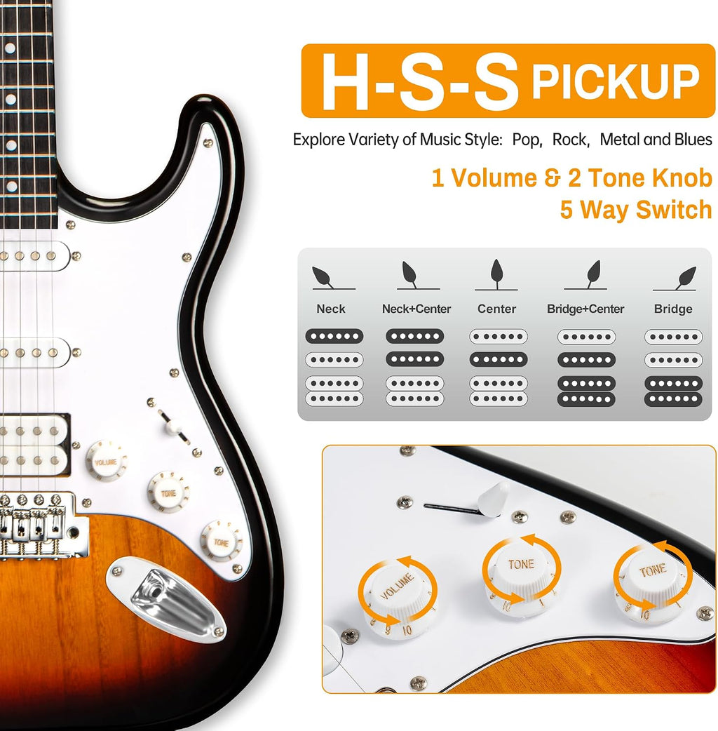 MOSEN Beginner Electric Guitar 39 inch Solid Body, HSS Pickup with Coil Split, Full Size Guitar Starter Set w/Amp, Gig Bag, Tuner, Capo, Cable, All Accessories,MS-SS60-Sunbrust