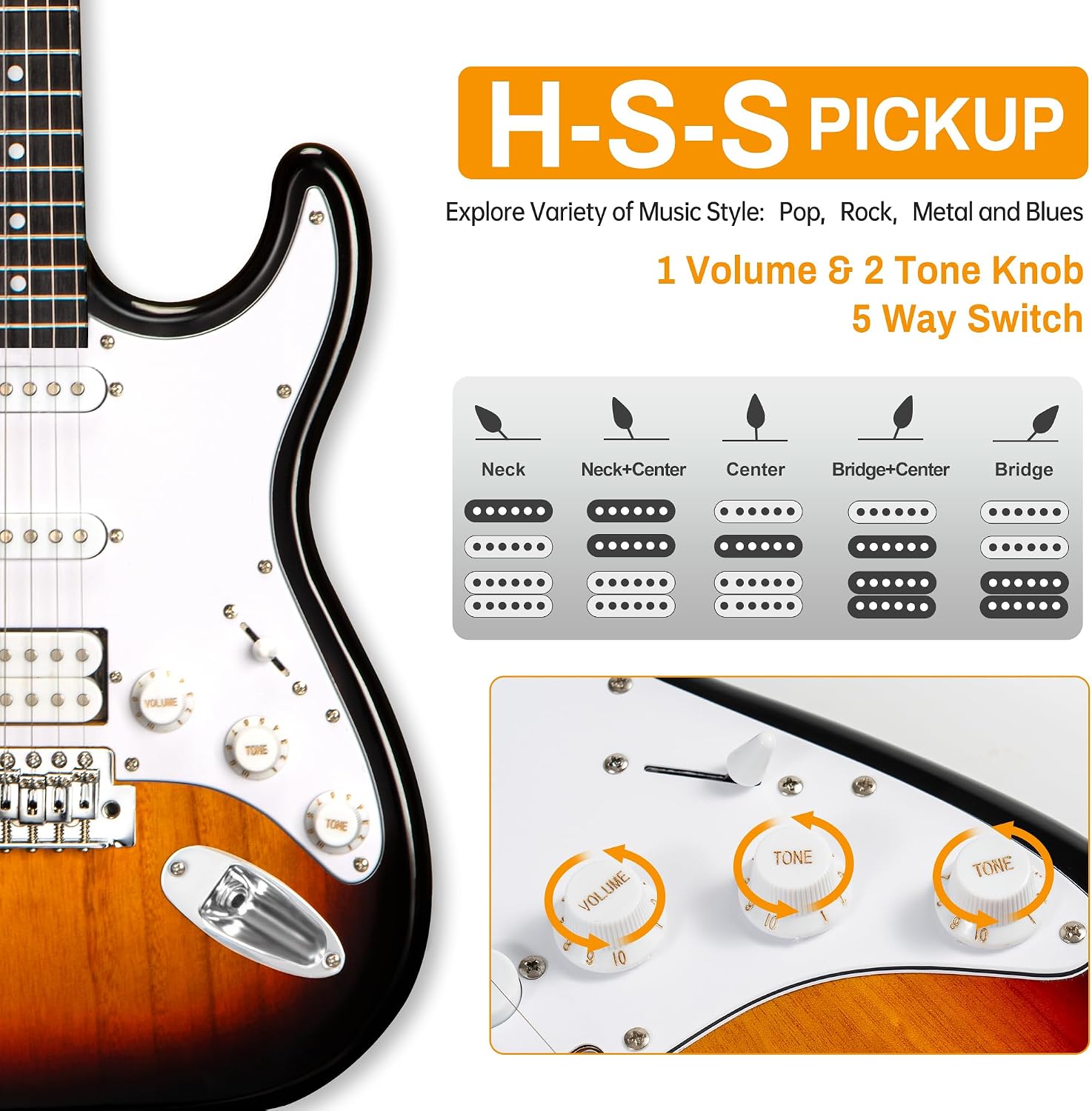 MOSEN Beginner Electric Guitar 39 inch Solid Body, HSS Pickup with Coil Split, Full Size Guitar Starter Set w/Amp, Gig Bag, Tuner, Capo, Cable, All Accessories,MS-SS60-Sunbrust