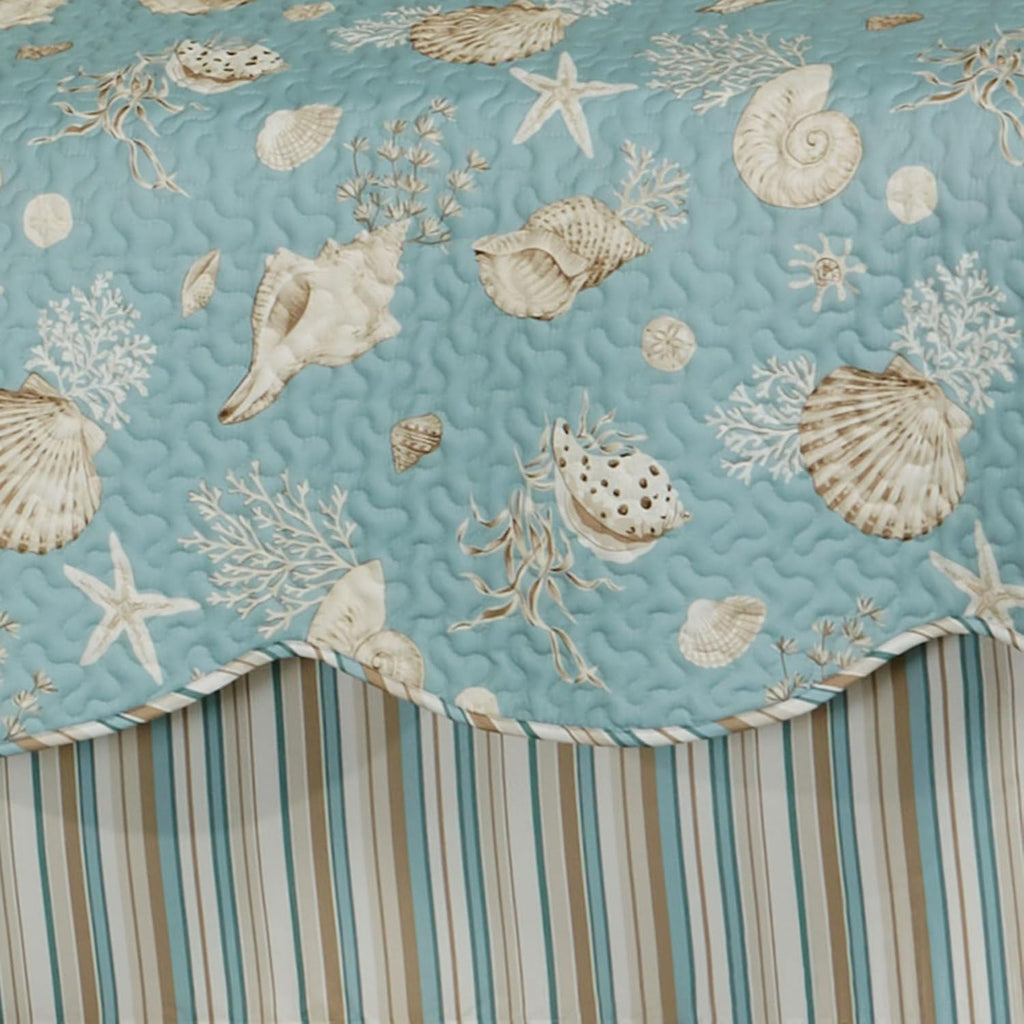 Seabreeze Coastal Beach Bedding | All Season Quilted | Shell Starfish Coral Stripe | Aqua Teal Ivory Cream | 6 Pc Set: Twin Quilt, 1 Standard Sham, Bedskirt, 2 Square Pillows, Rectangle Pillow