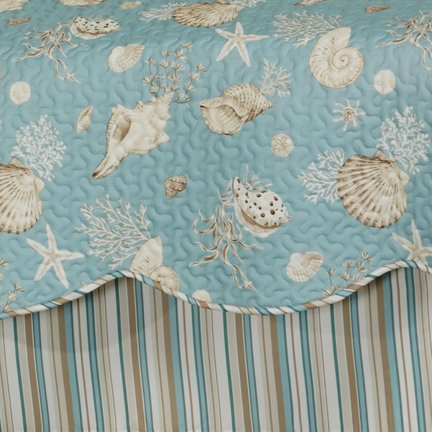 Seabreeze Coastal Beach Bedding | All Season Quilted | Shell Starfish Coral Stripe | Aqua Teal Ivory Cream | 6 Pc Set: Twin Quilt, 1 Standard Sham, Bedskirt, 2 Square Pillows, Rectangle Pillow