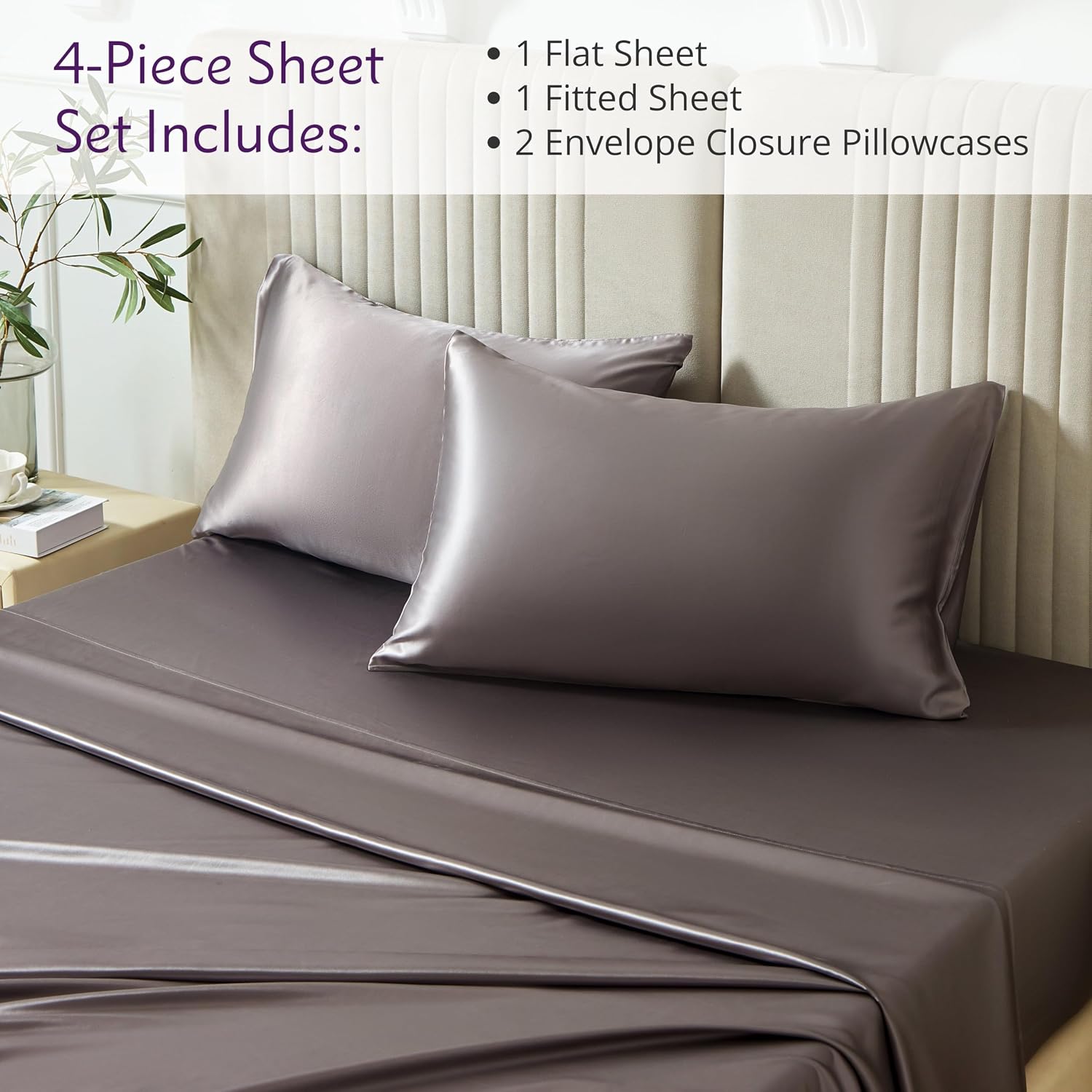 Mulberry Park Silks - 22 Momme 100% Mulberry Silk Sheets - Queen Size Bed Set - 16' Pocket - Luxurious Bed Sheets & Pillowcases, Skin-Friendly & Breathable - Charmeuse Silk for Hair Care - Gunmetal