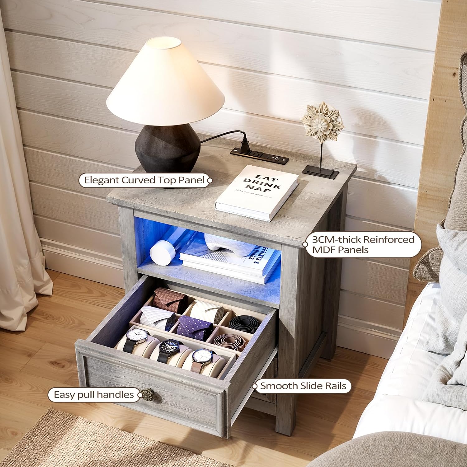 Set of 2 Nightstand with Charger Station Strip Lights,20' W Night Stand with Drawers for Bedroom, Large Accent Bed Side Table and End Table with Open Compartment-Easy Pull Handle, Textured Border,Gray