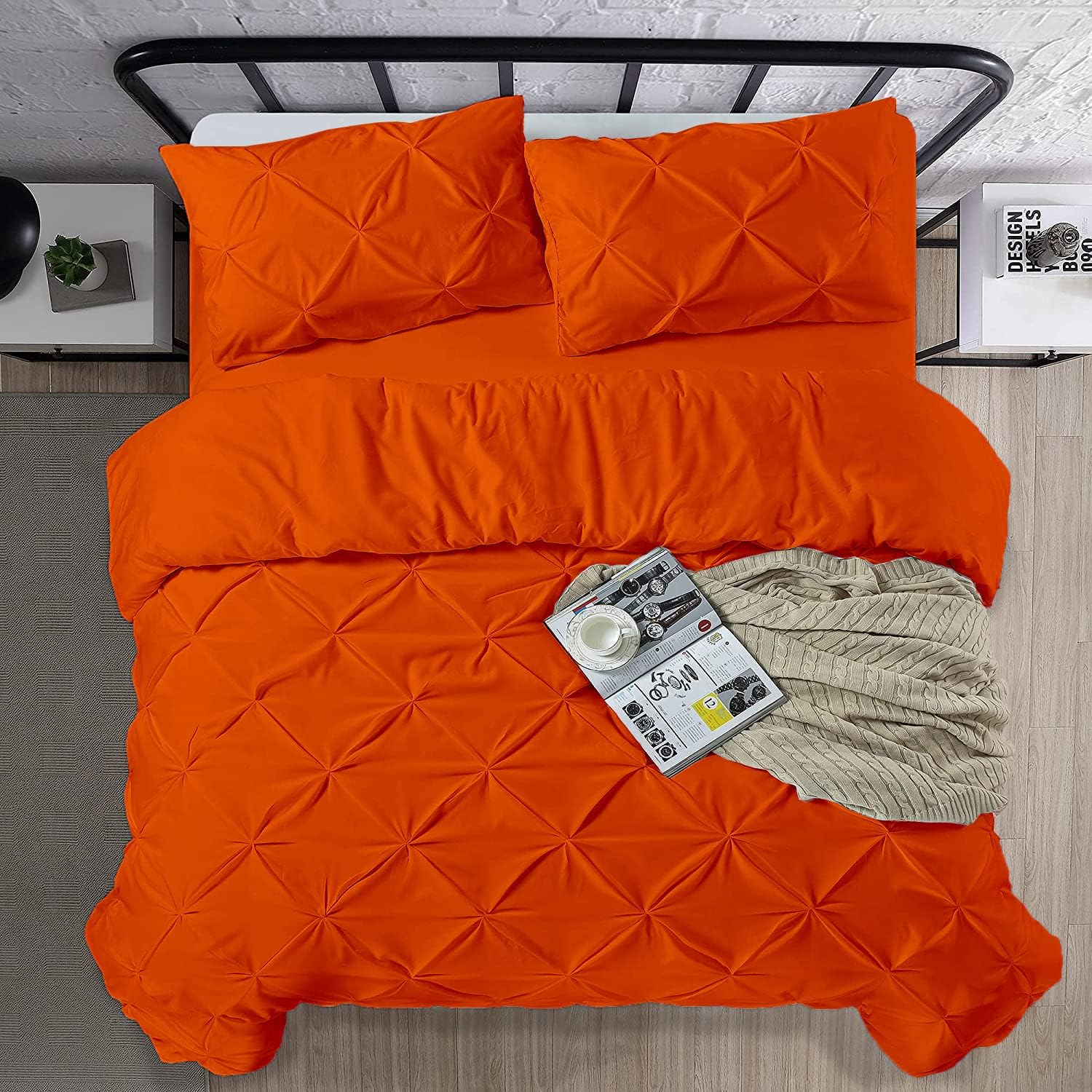 Crown Collection Luxuriate Hotel 1000-TC Hypoallergenic Ultra Soft Design 100% Egyptian Cotton Pinch Pleated Duvet Cover with Zipper Colser & 2pcs Pillow Case Set (Oversize 98x120, Orange)