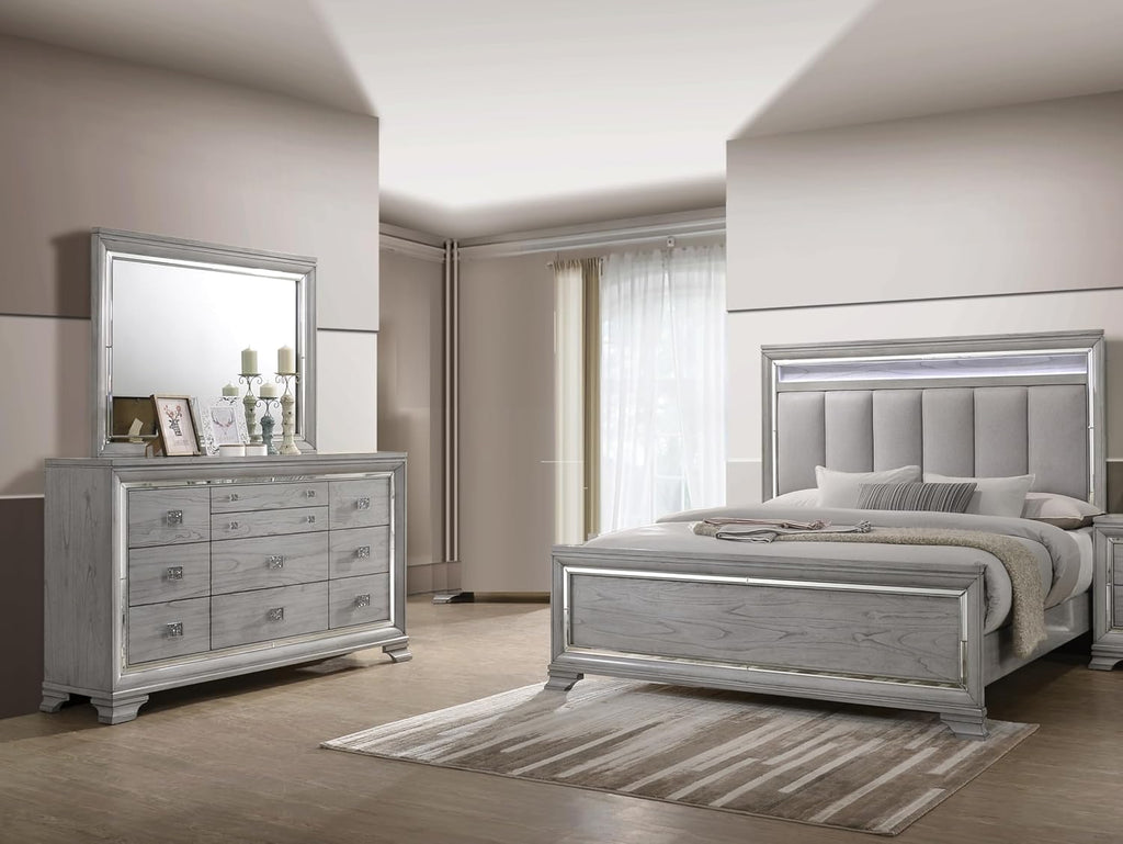 Contemporary Gray Finish Upholstered Padded King Size LED Light Bed Solid Wood 3pc Wooden Bedroom Set