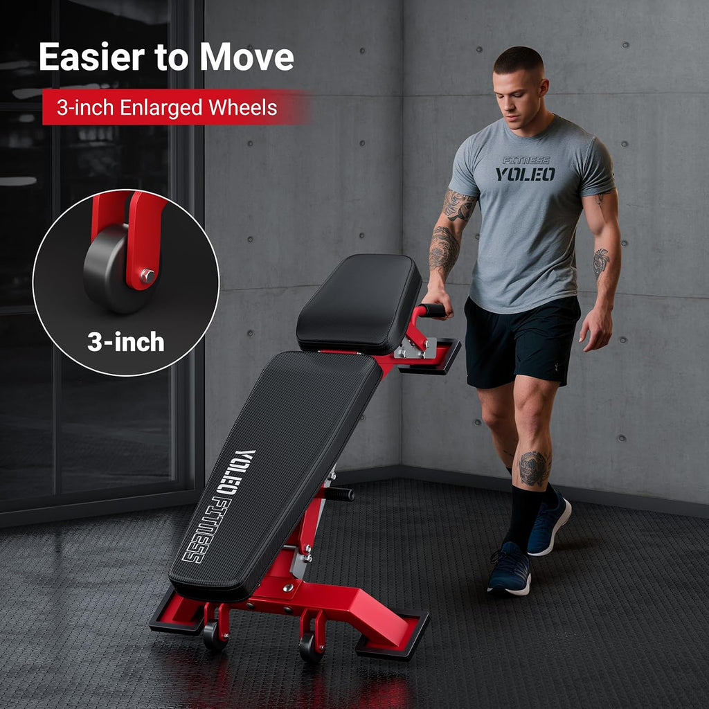 YOLEO Commercial Adjustable Weight Bench 2315LB ASTM Certified – 80% Pre-Assembled Heavy Duty Workout Bench for Home Gym, Decline/Flat/Incline Bench Press, 2.4' Thick Pad & 2 Wheels