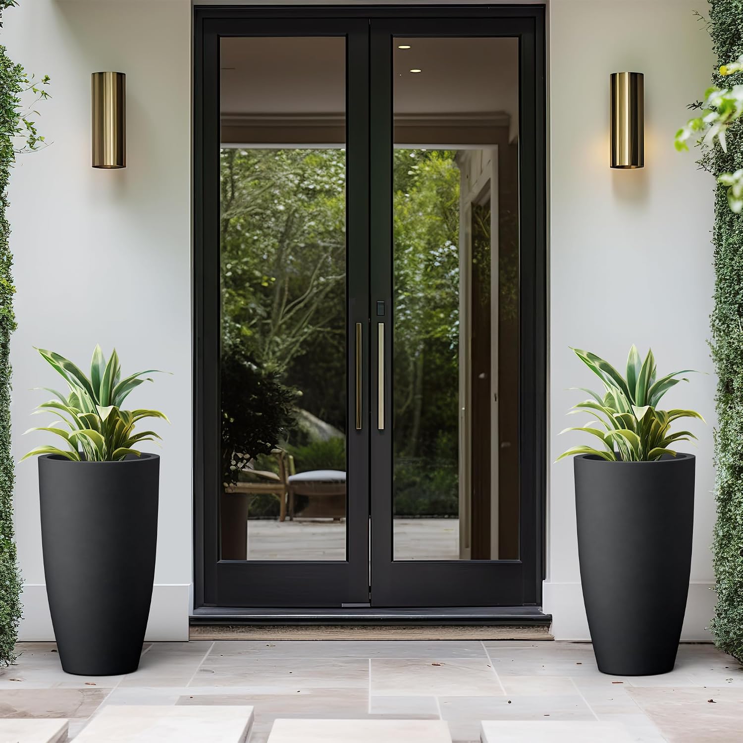Kante 23.6' H Black Tall Planters (Set of 2), Large Outdoor Indoor Decorative Plant Pots with Drainage Hole and Rubber Plug, Modern Style for Home and Garden