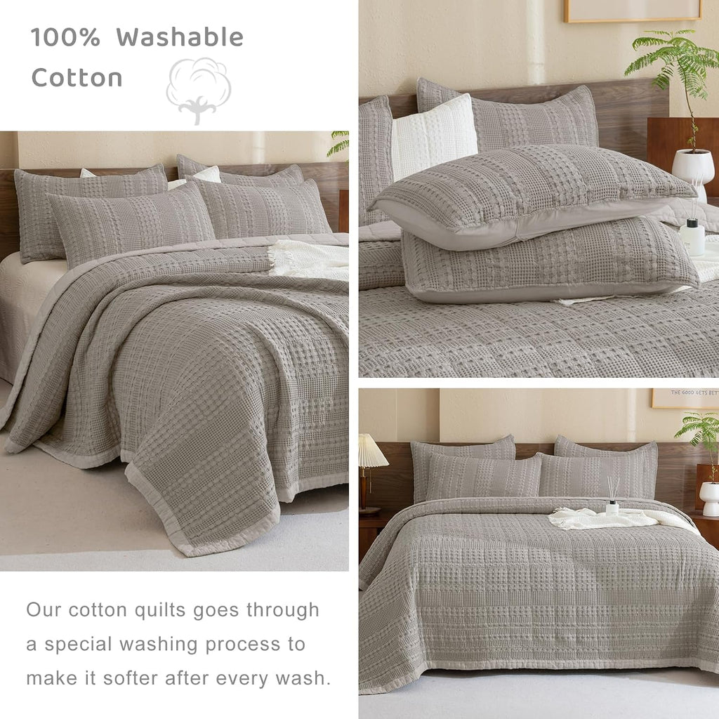 Sanracie Oversized King Quilt (120'x120'), Cotton Dark Khaki Waffle Weave Quilt Sets 3Pcs Lightweight Breathable Quilt Bedding Set Luxury Soft Bedding Coverlet for All Seasons
