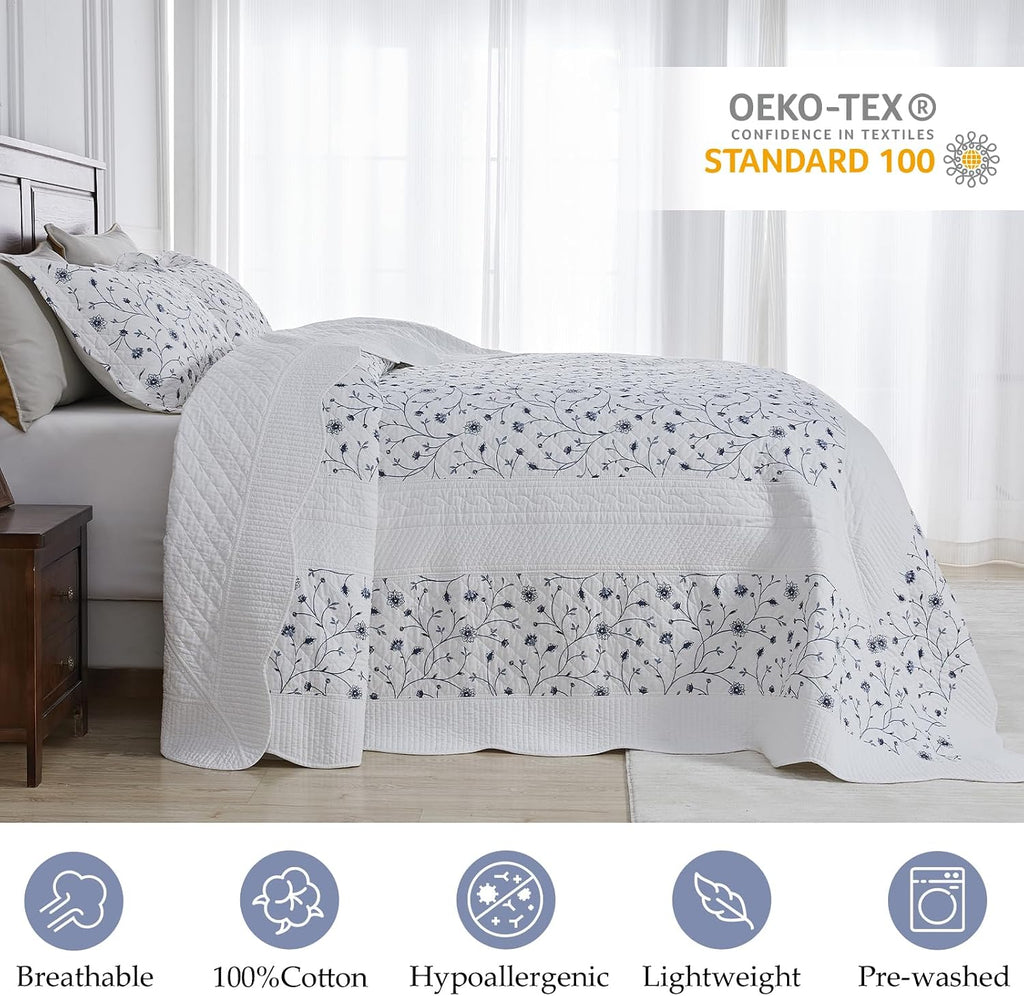 Floral Bedspread 102'x120' Oversized Queen Bedspread, 100% Cotton Oversized Queen Quilt with 2 Pillow Shams, Lightweight Vintage Quilted Bedspreads Coverlet Sets, White/Blue, 3 Pcs