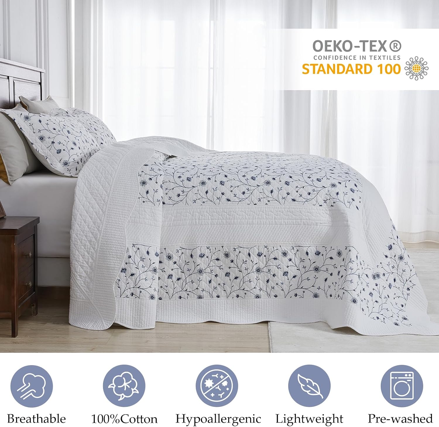 Floral Bedspread 102'x120' Oversized Queen Bedspread, 100% Cotton Oversized Queen Quilt with 2 Pillow Shams, Lightweight Vintage Quilted Bedspreads Coverlet Sets, White/Blue, 3 Pcs