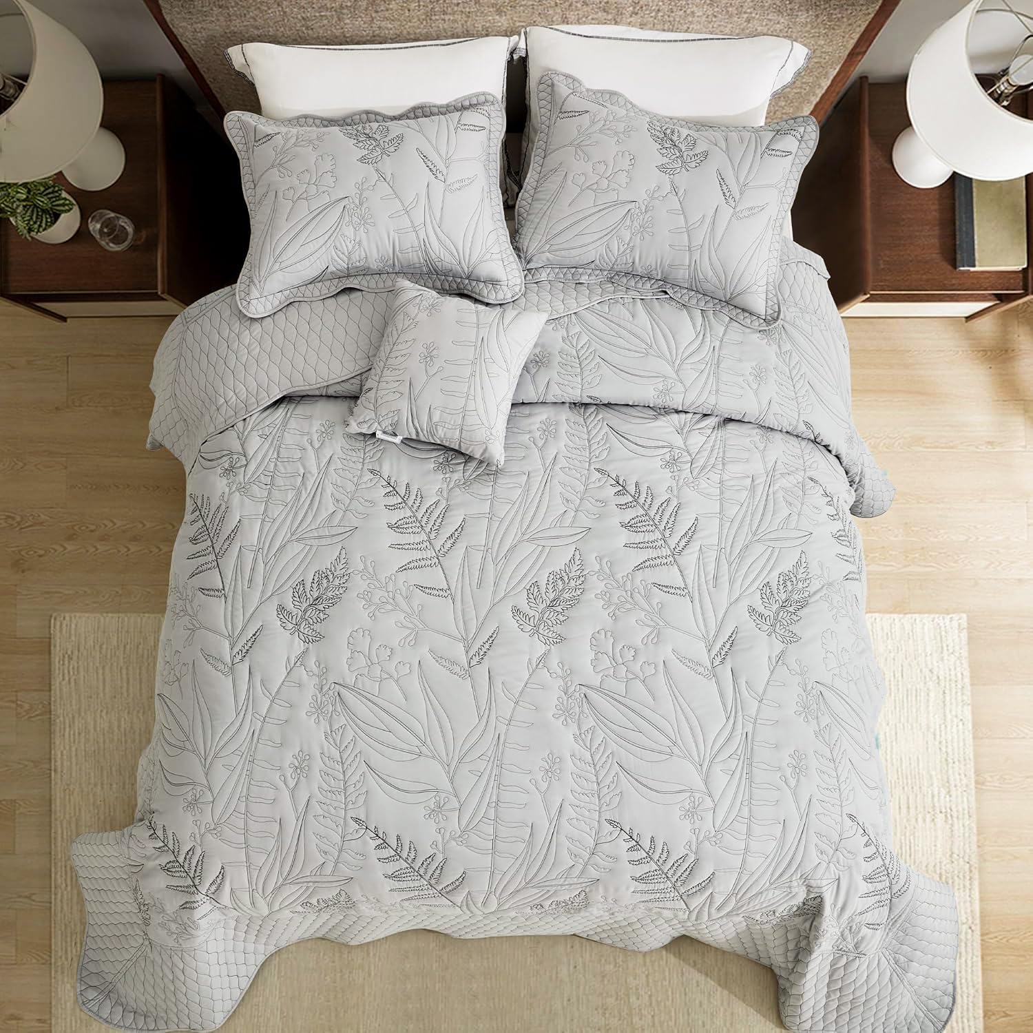 DaisyHuang Botanical Oversized Bedspread King Size - Leaves Pattern Stitching Quilt Set - Elegant & Fresh Style Bedding Coverlets, Reversible, Lightweight, 5 Piece, Grey