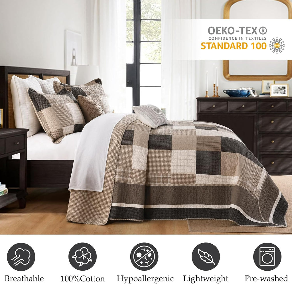 Plaid Bedspread 120'x120' Oversized King Bedspread, 100% Cotton California King Quilt with 2 Pillow Shams, Lightweight Farmhouse Quilted Bedspreads Coverlet Set, Brown/Beige/Cream, 3 Pcs