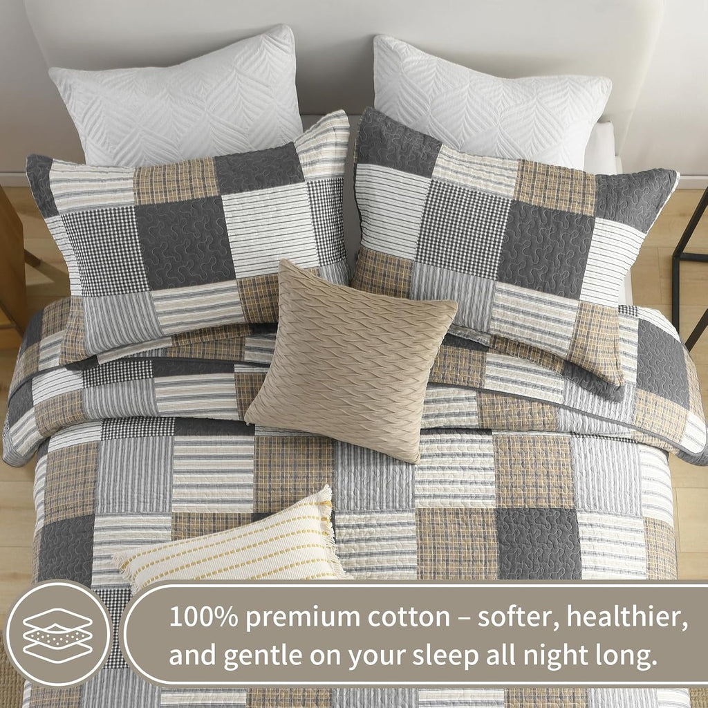 KALOOLA Plaid Quilt King Size, 100% Cotton Soft Lightweight Quilted Bedding Set for King Bed, Farmhouse Reversible Bedspread Coverlet with 2 Pillowshams for All Season, 3 Pcs, Grey/White/Black