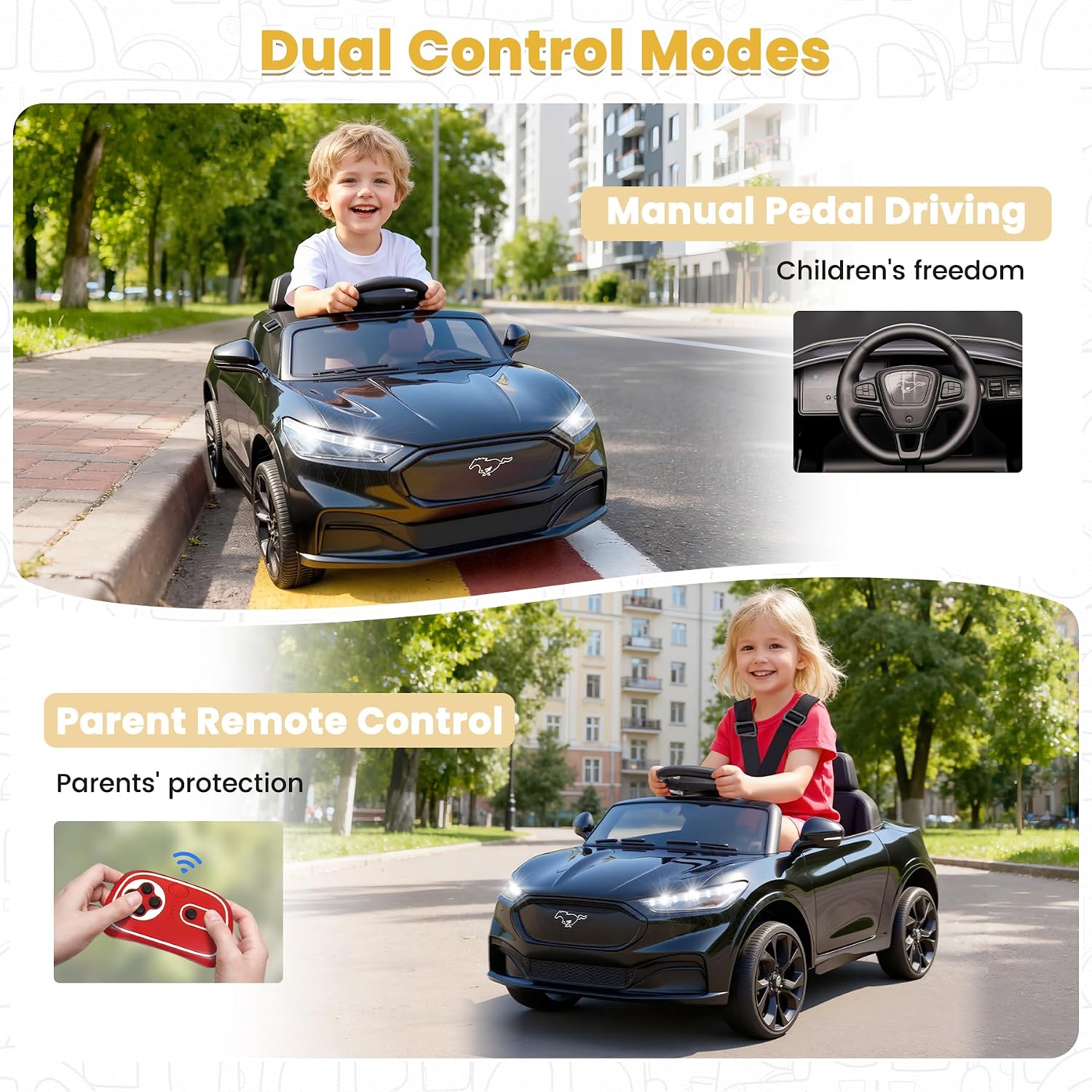 Bobike Electric Ride On Car for Kids, 12V Electric Toddler Car with Remote Control, Ride on Toys for Kids with LED Lights, Music Player, Lockable Doors (Black)