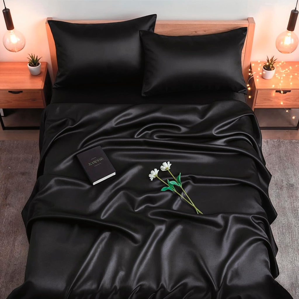 Colorado Home Co SUNDAYSILKS™ | 100% Mulberry Silk Bed Sheets | 4PC Natural Mulberry Silk Bedding Set | Soft & Durable | Grade 6A Organic Real Silk Sheets Set [Midnight Black]
