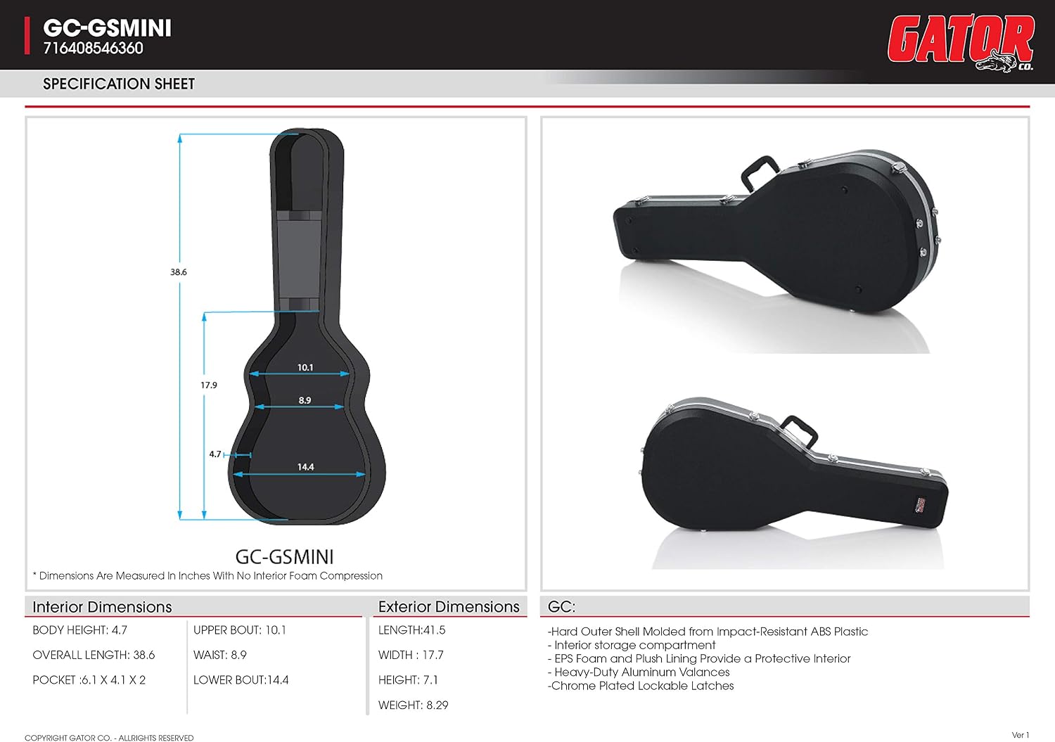 Gator Cases Deluxe Molded Case for Taylor GS Mini Acoustic Guitar, (GC-GSMINI)