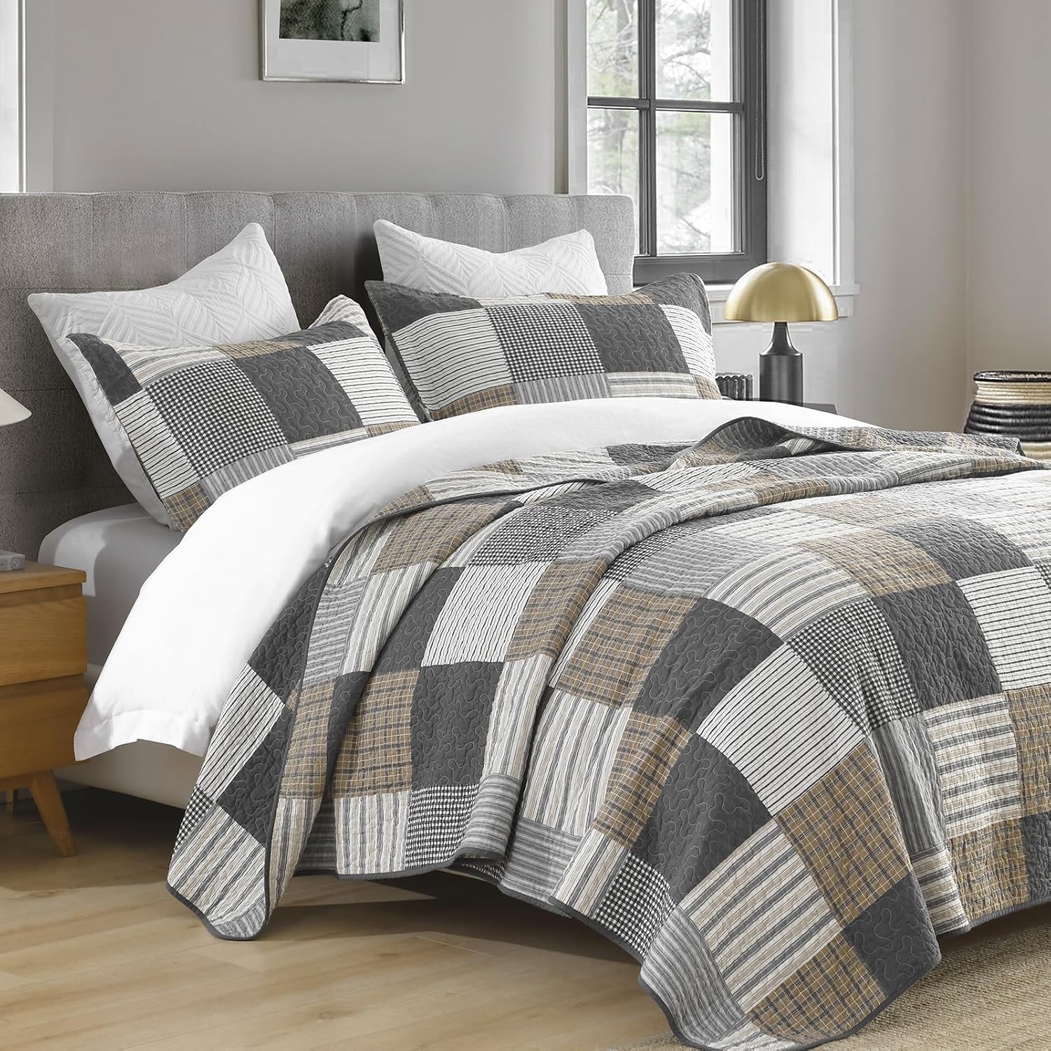 KALOOLA Plaid Quilt King Size, 100% Cotton Soft Lightweight Quilted Bedding Set for King Bed, Farmhouse Reversible Bedspread Coverlet with 2 Pillowshams for All Season, 3 Pcs, Grey/White/Black