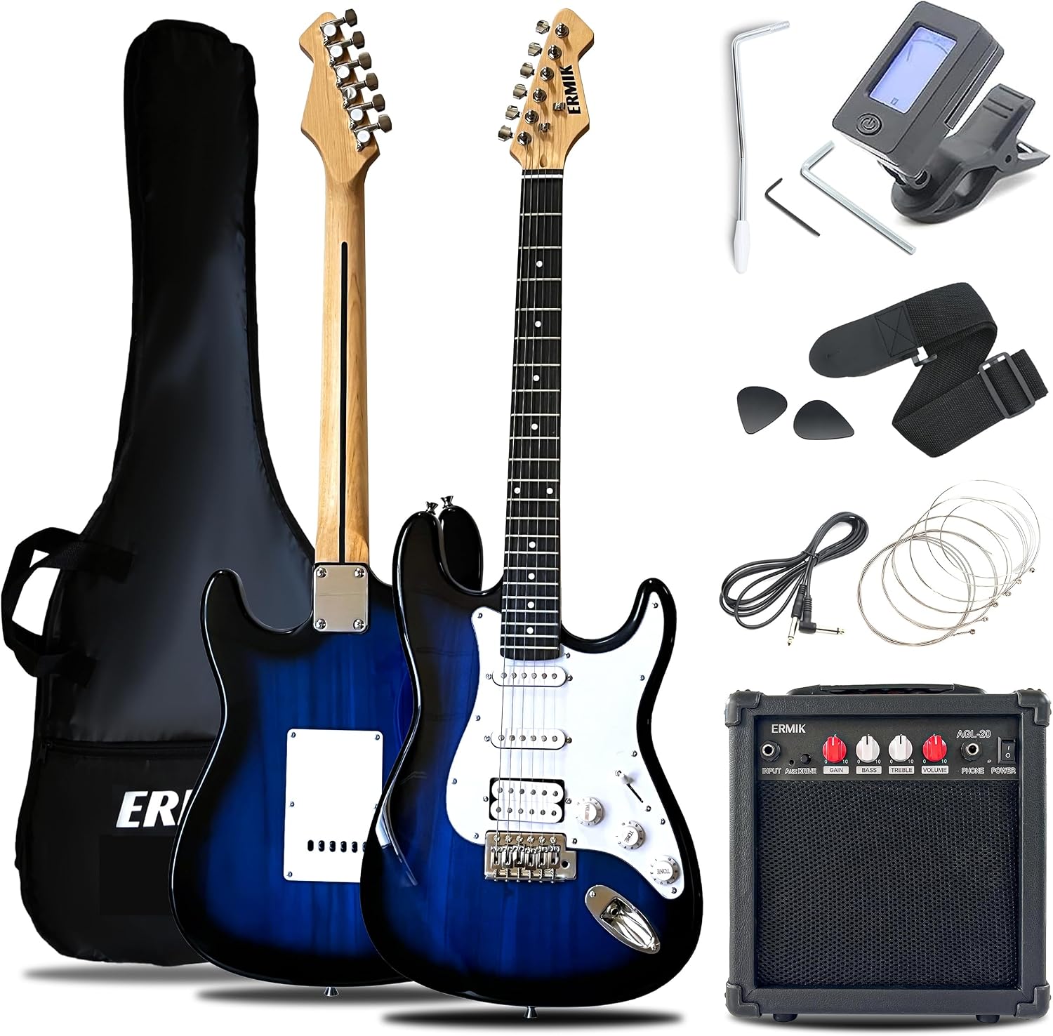 Ermik Solid Body Electric Guitar Kit with Amp 20W, Strings, Strap, Digital Tuner, Picks, Gig Bag, Cable, Tremolo Bar, 39' Full Size Guitar HSS Pickups Guitarra Electrica Beginner Gift - Blue